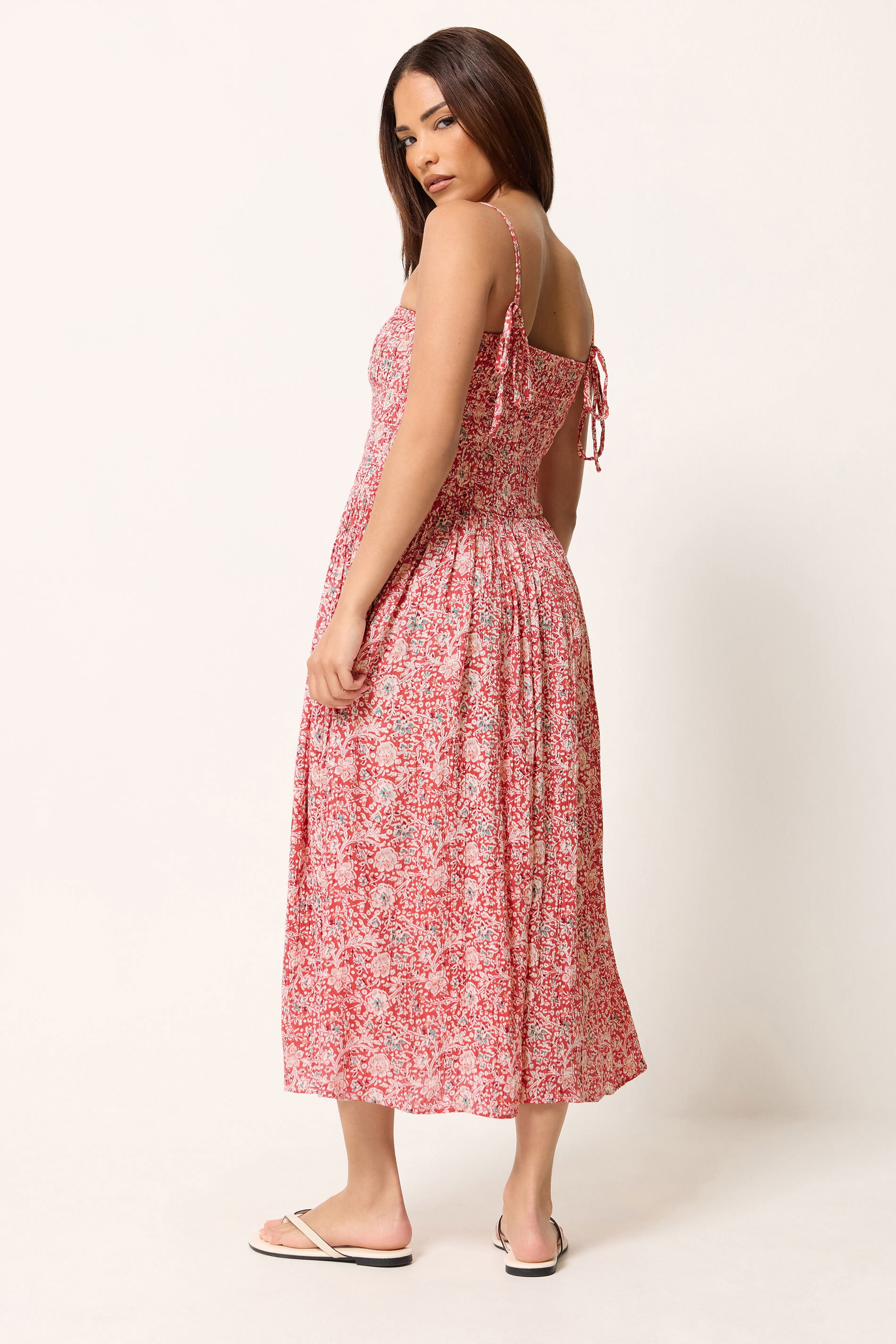 PixieGirl Petite Women's Red Floral Shirred Linen Midi Dress | PixieGirl 2