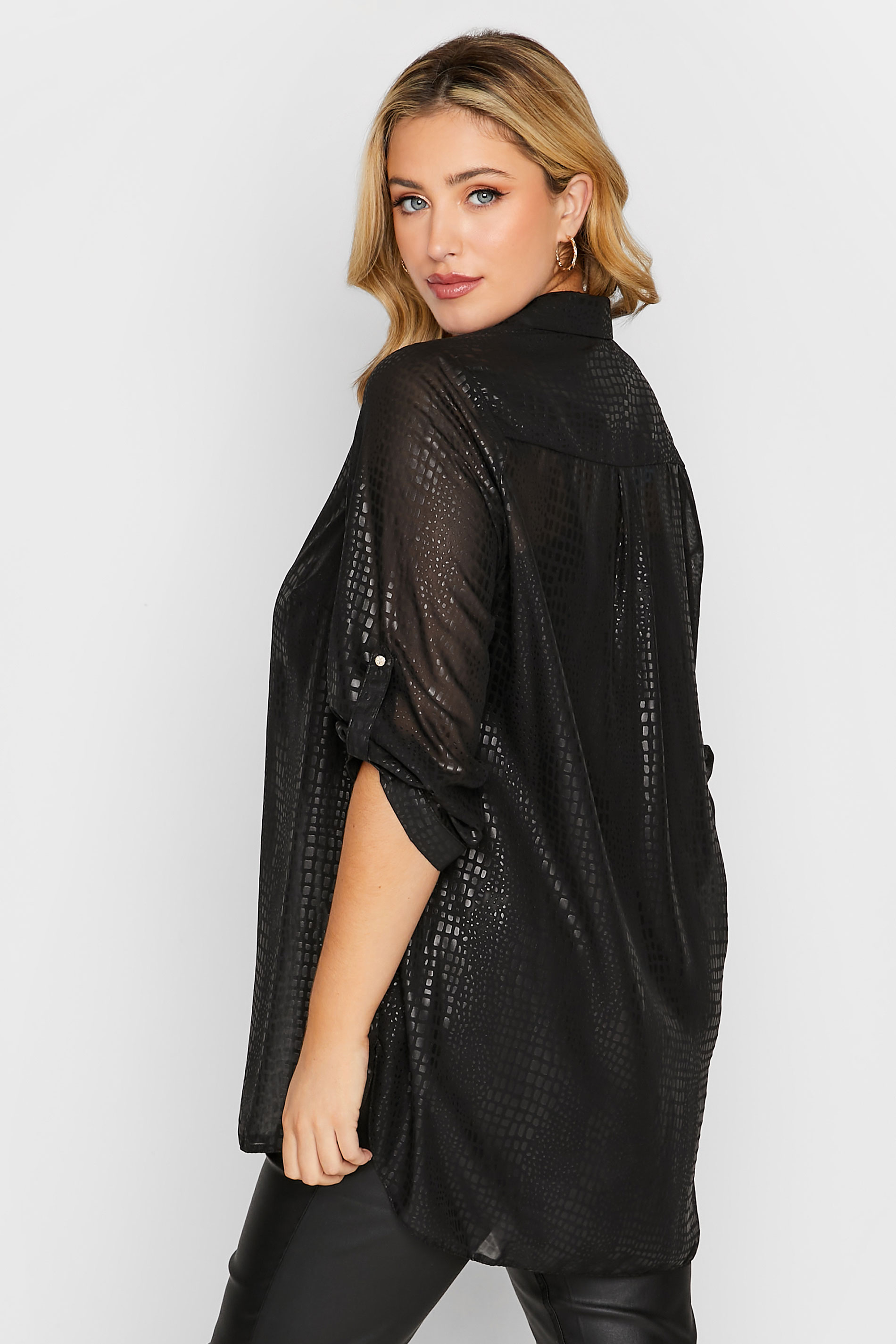 Plus Size Black Printed Shimmer Button Through Shirt | Yours Clothing 3