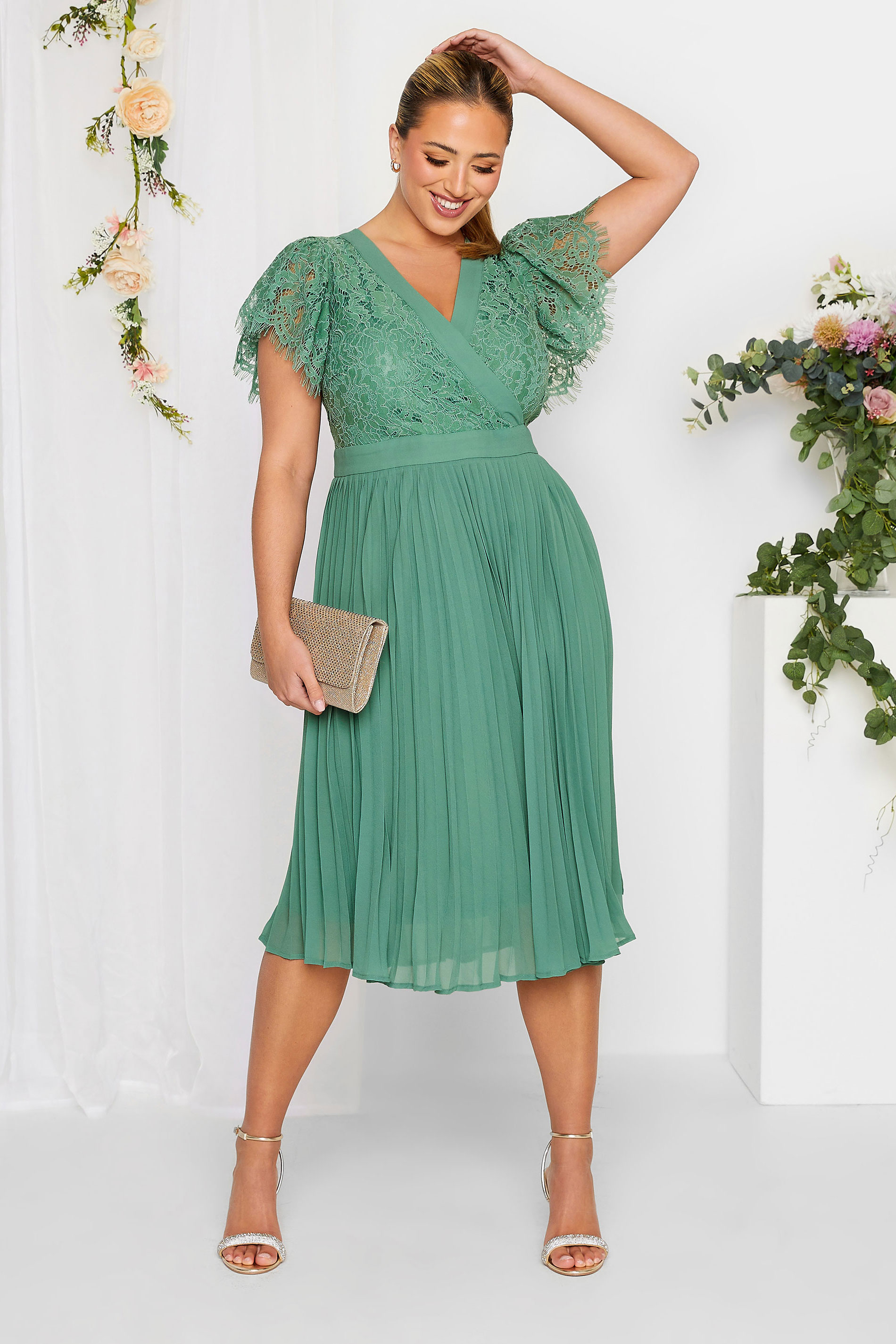 YOURS LONDON Curve Green Lace Wrap Pleated Midi Dress | Yours Clothing 1