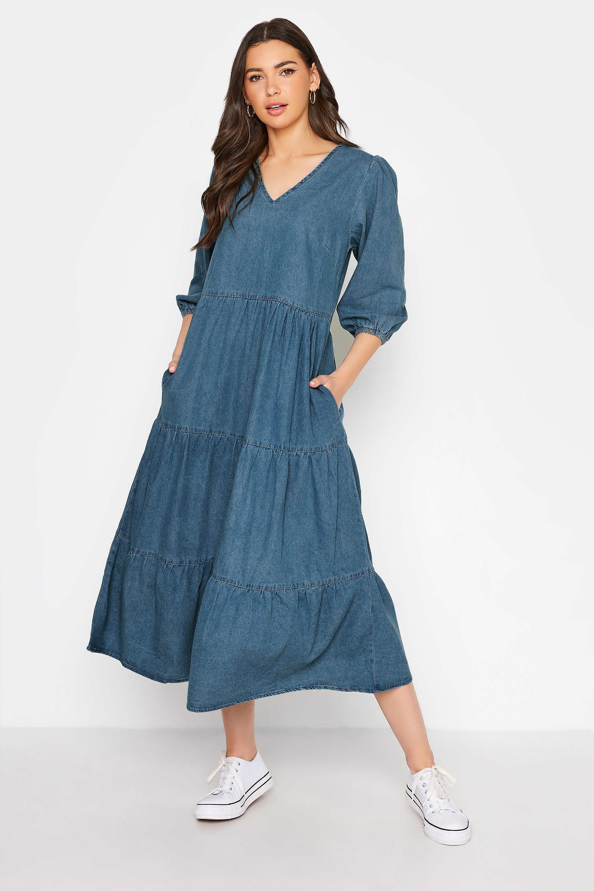 Tall Women's Blue Tiered Denim Midi Dress | Long Tall Sally 1