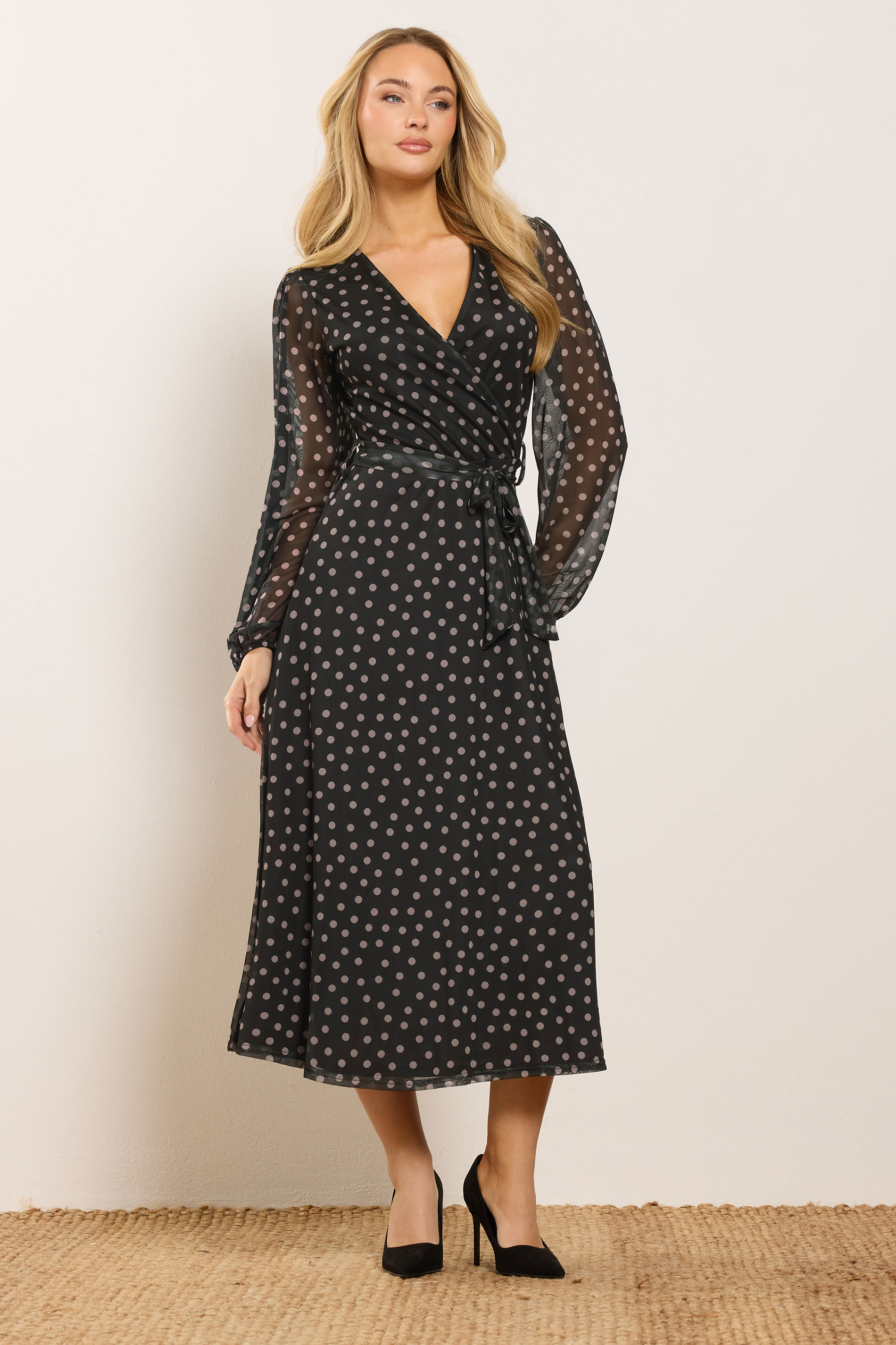 M&Co Black Polka Dot Mesh Wrap Dress | M&Co 3