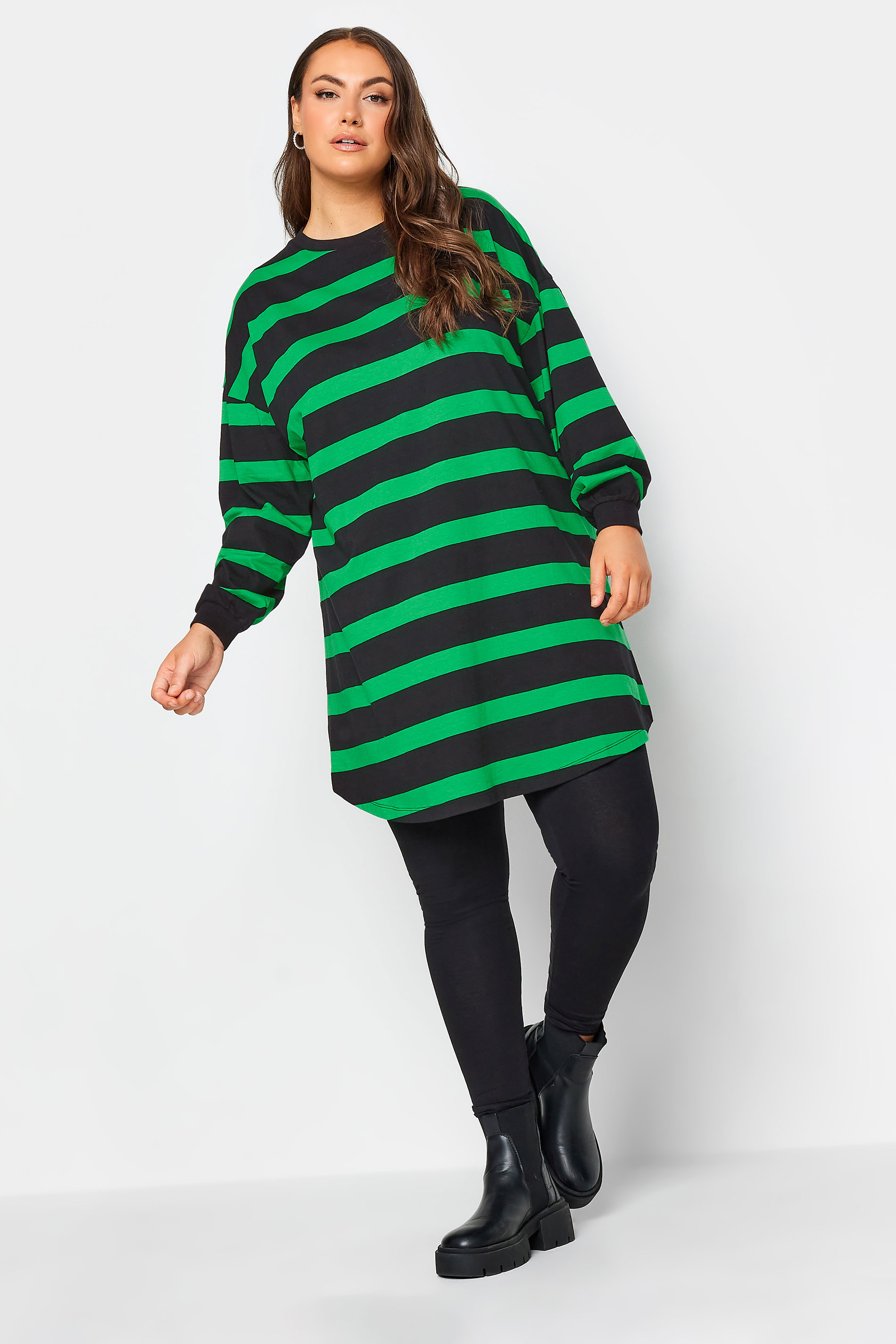 YOURS Plus Size Black & Green Oversized Stripe Tunic Dress | Yours Clothing 1