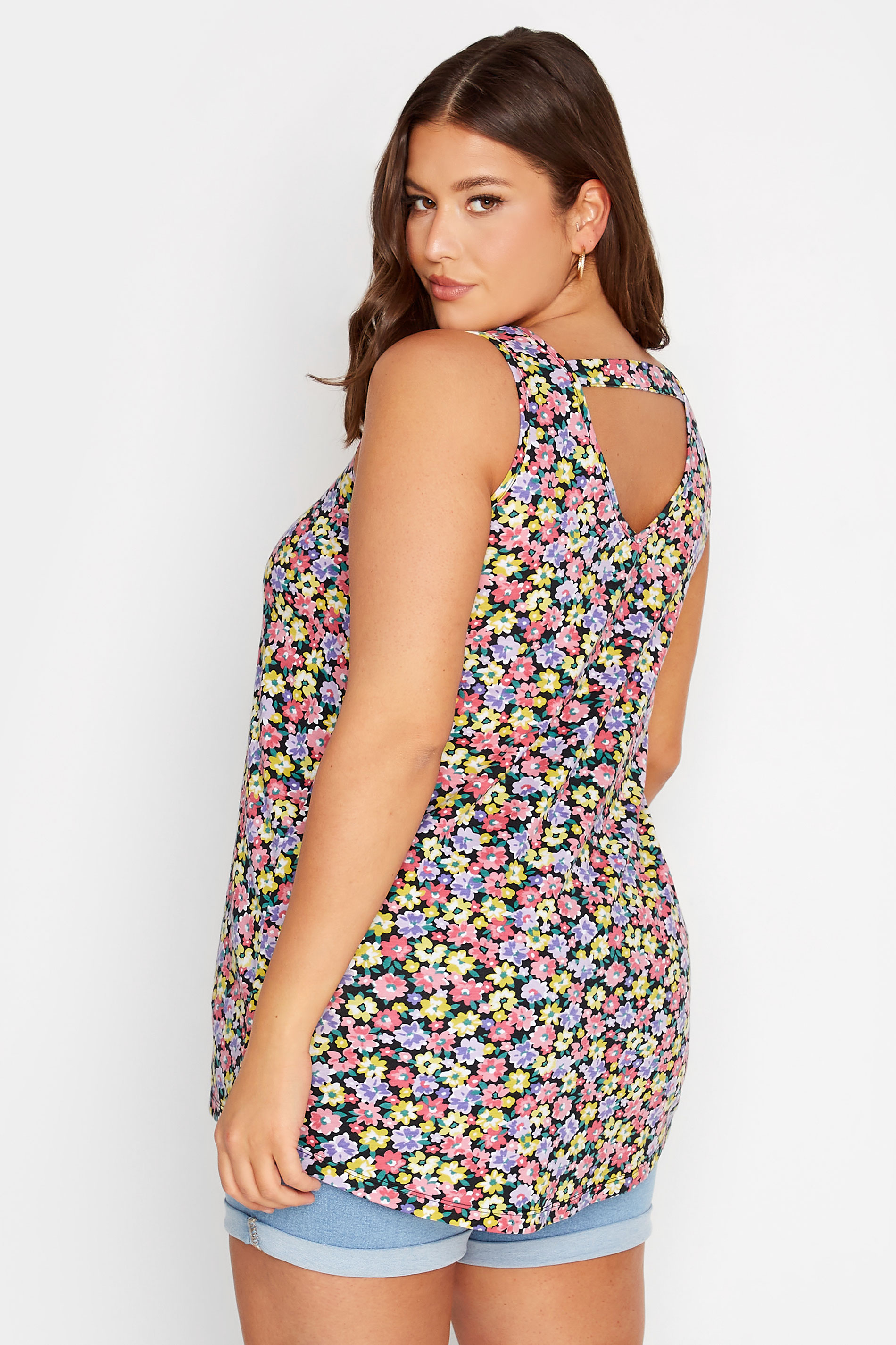 YOURS Curve Plus Size Pink Floral Bar Back Vest Top | Yours Clothing  3