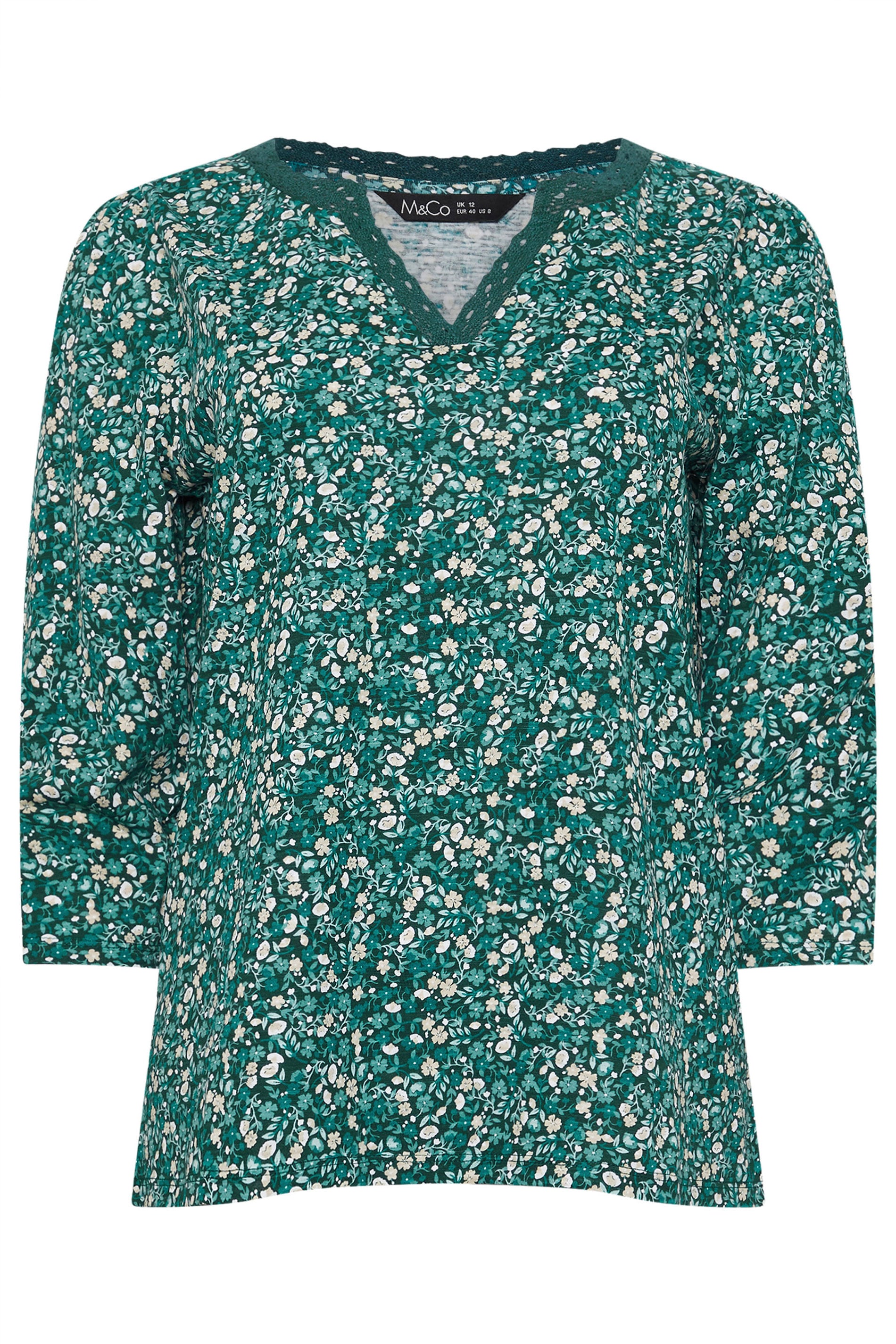 M&Co 2 PACK Teal Blue Floral Print & Plain Lace Trim Cotton T-Shirts | M&Co 8