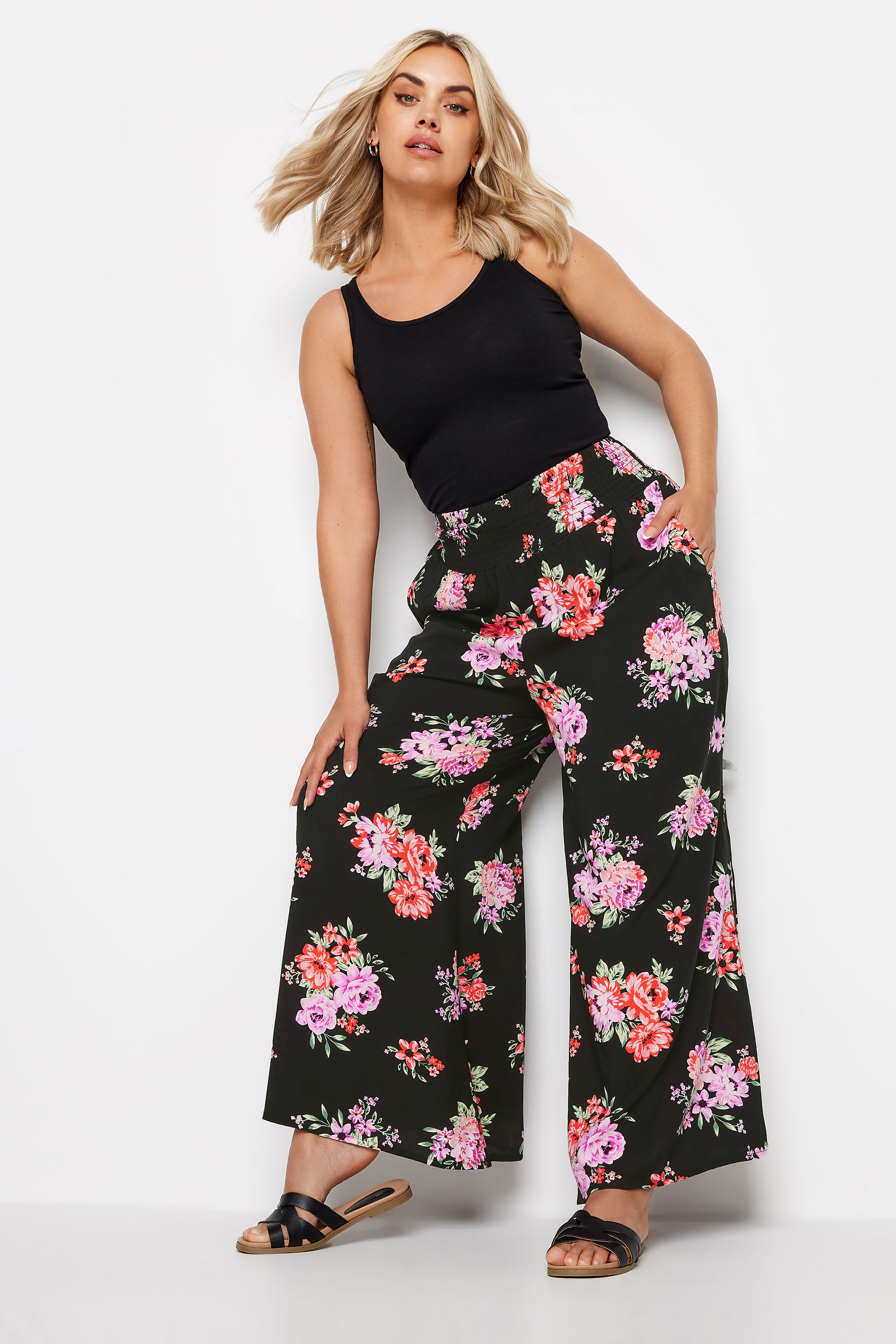 YOURS Plus Size Black Floral Bloom Print Shirred Wide Leg Trousers | Yours Clothing 2