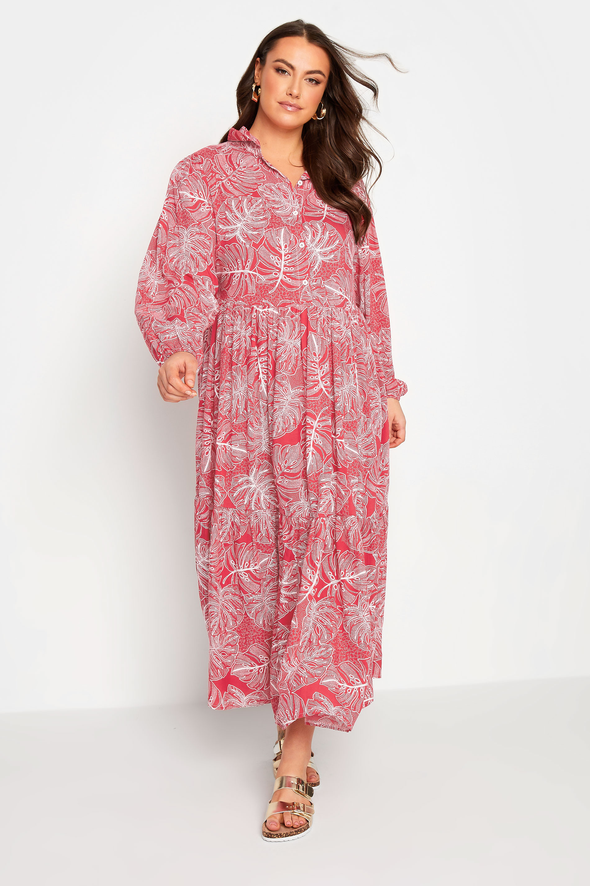 YOURS Curve Plus Size Red Leaf Print Shirt Dress | Yours Clothing  2