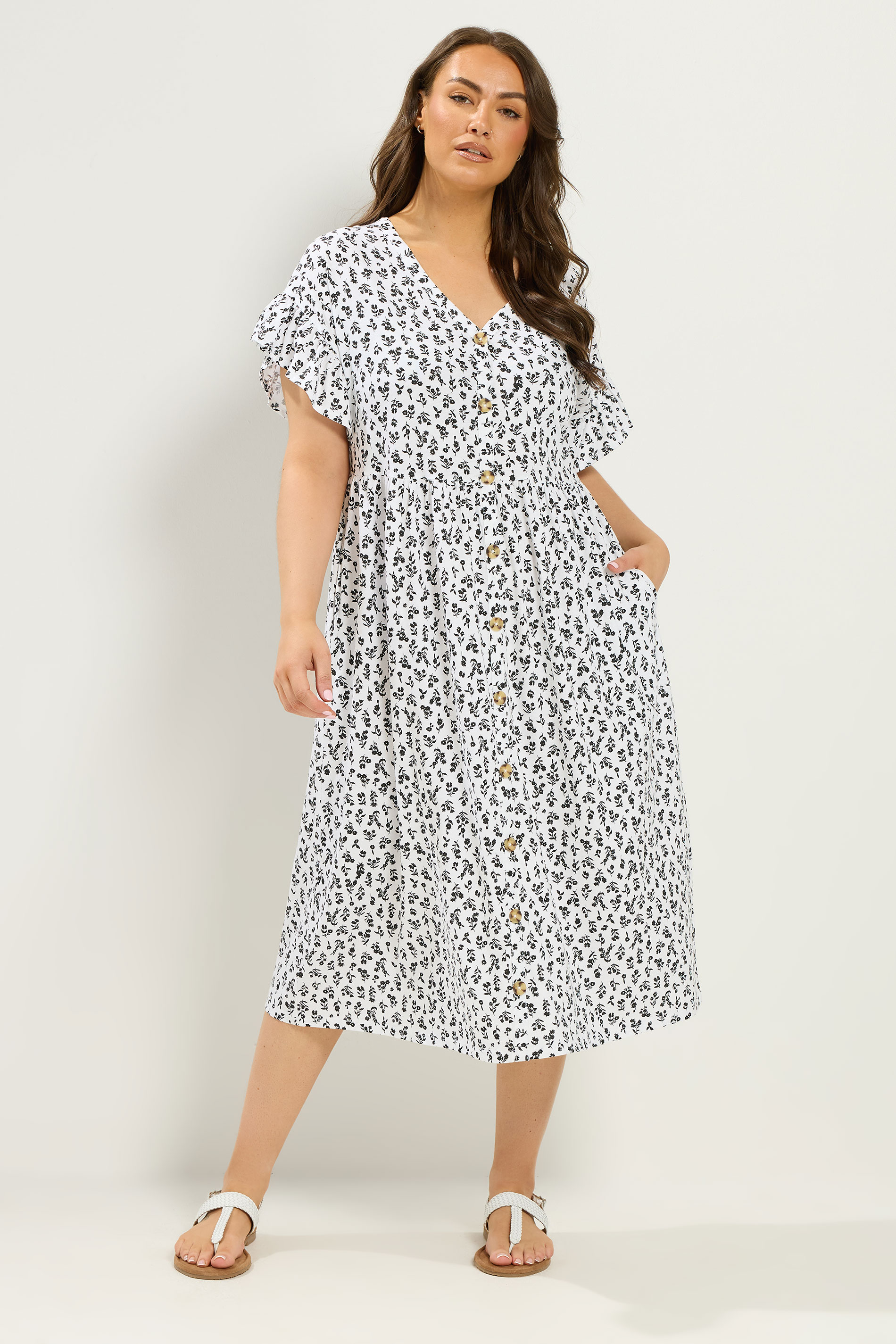 YOURS Plus Size White Floral Frill Sleeve Dress | Yours Clothing 1