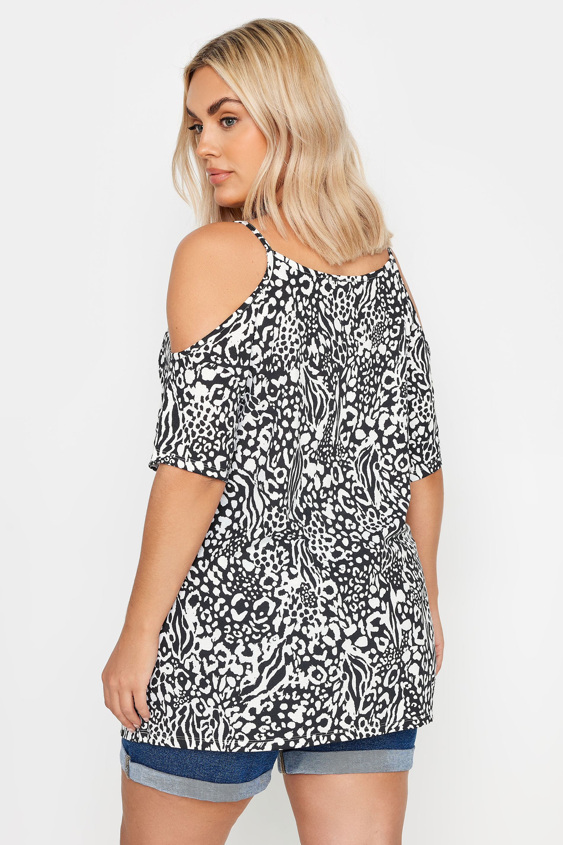 YOURS Plus Size Black & White Mixed Animal Print Cold Shoulder Top | Yours Clothing 3