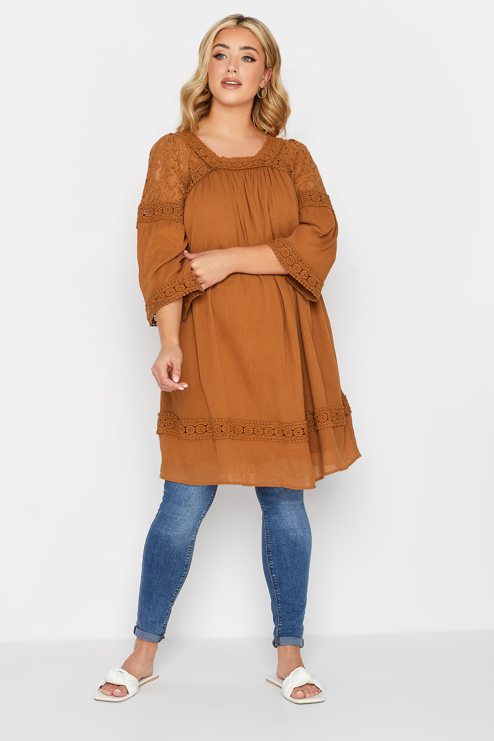 YOURS Curve Plus Size Orange Crochet Lace Tunic Blouse | Yours Clothing  2