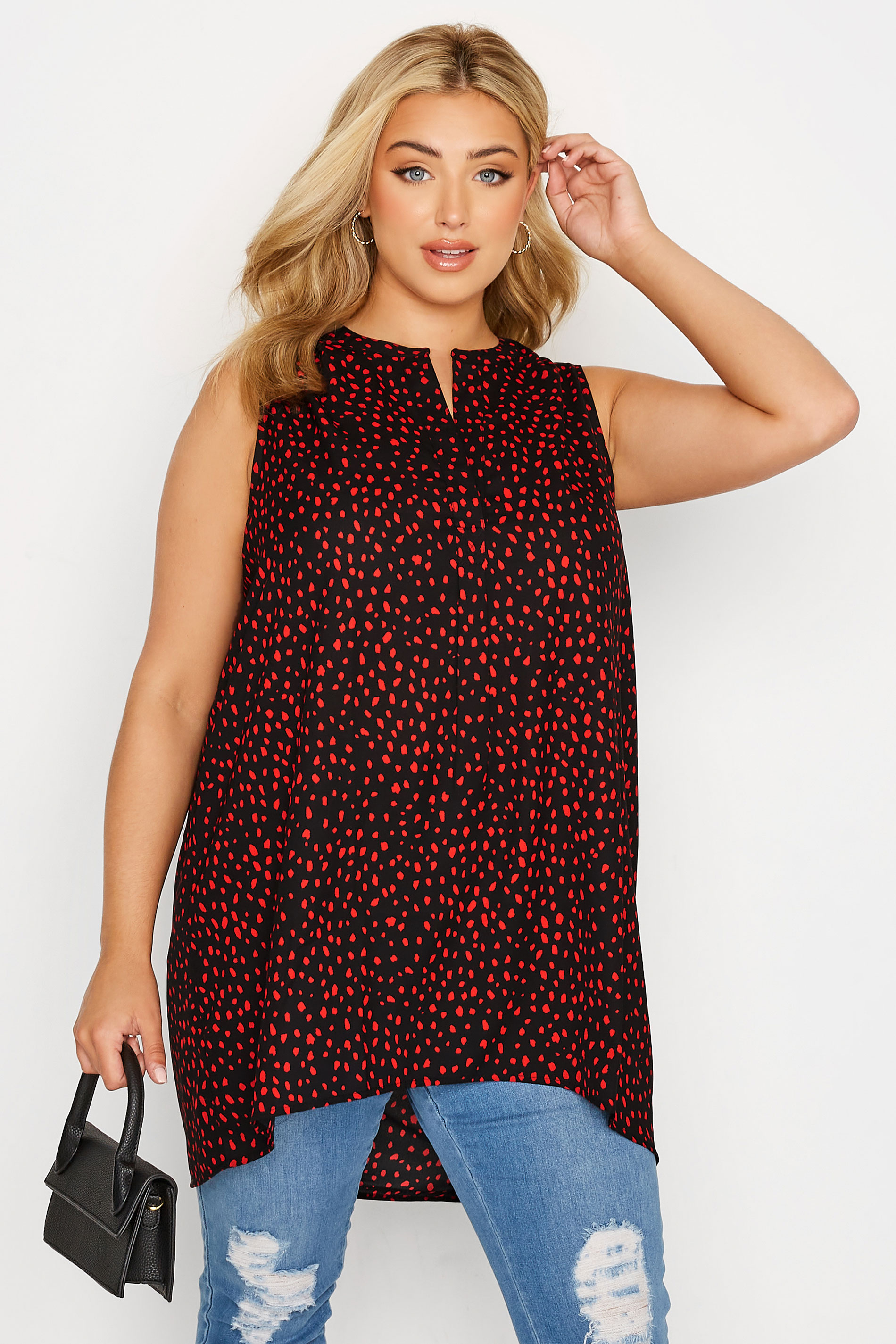Plus Size Black & Red Dalmatian Pleat Detail Top | Yours Clothing 1