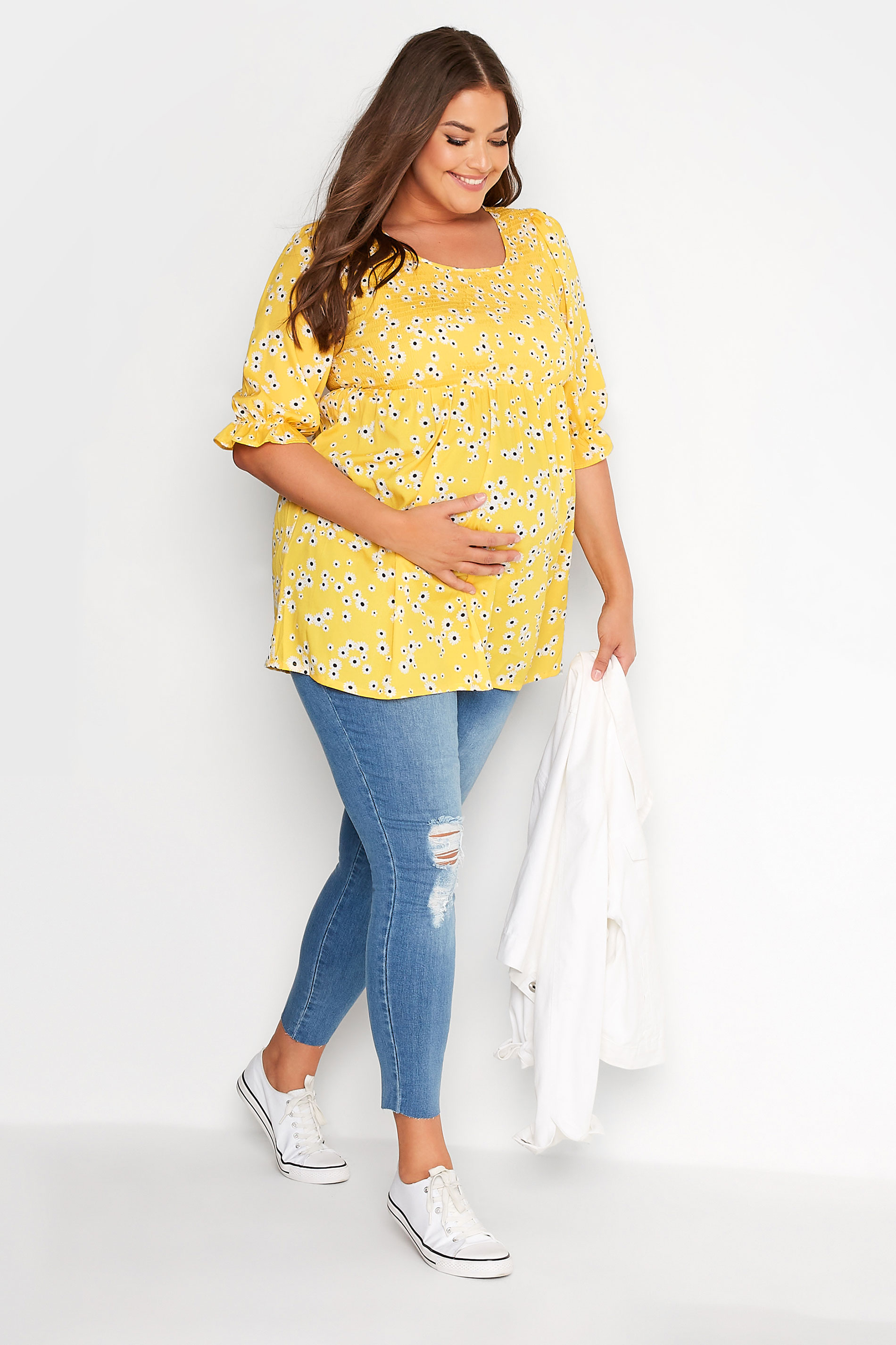 BUMP IT UP MATERNITY Plus Size Yellow Polka Dot Shirred Top | Yours Clothing 2