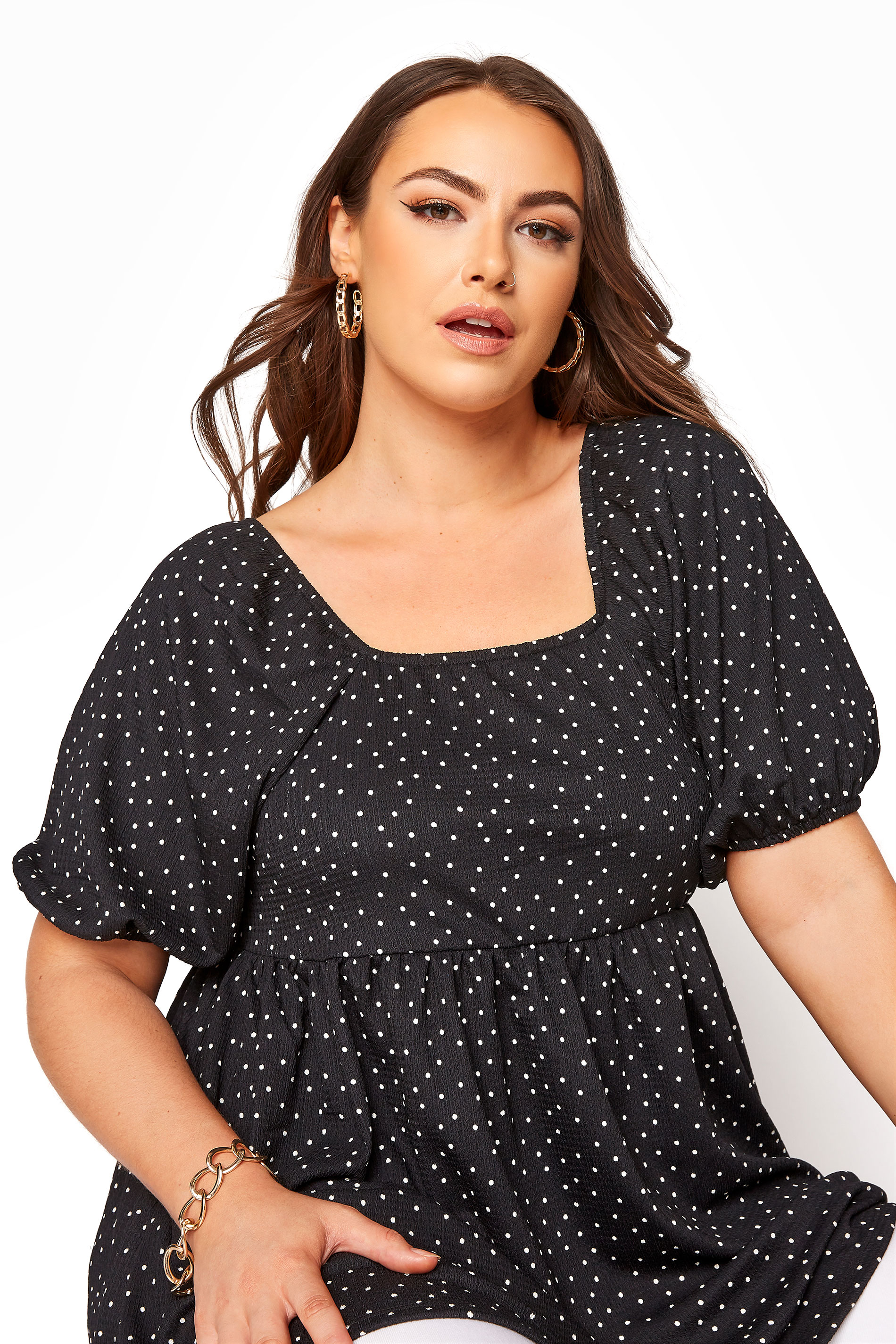 Black Polka Dot Balloon Sleeve Peplum Top | Yours Clothing