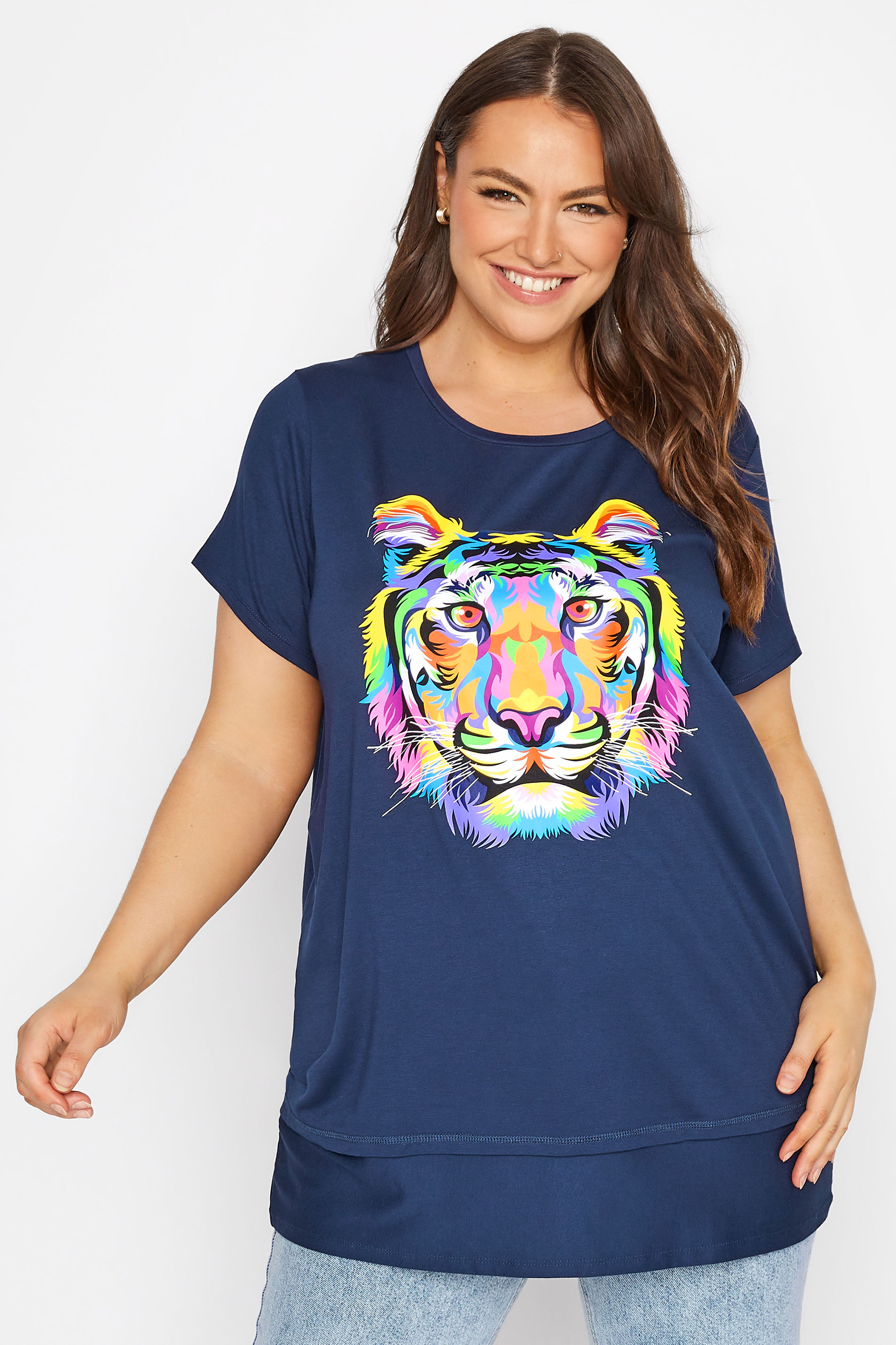 Curve Navy Blue Tiger Graphic Print T-Shirt_A.jpg