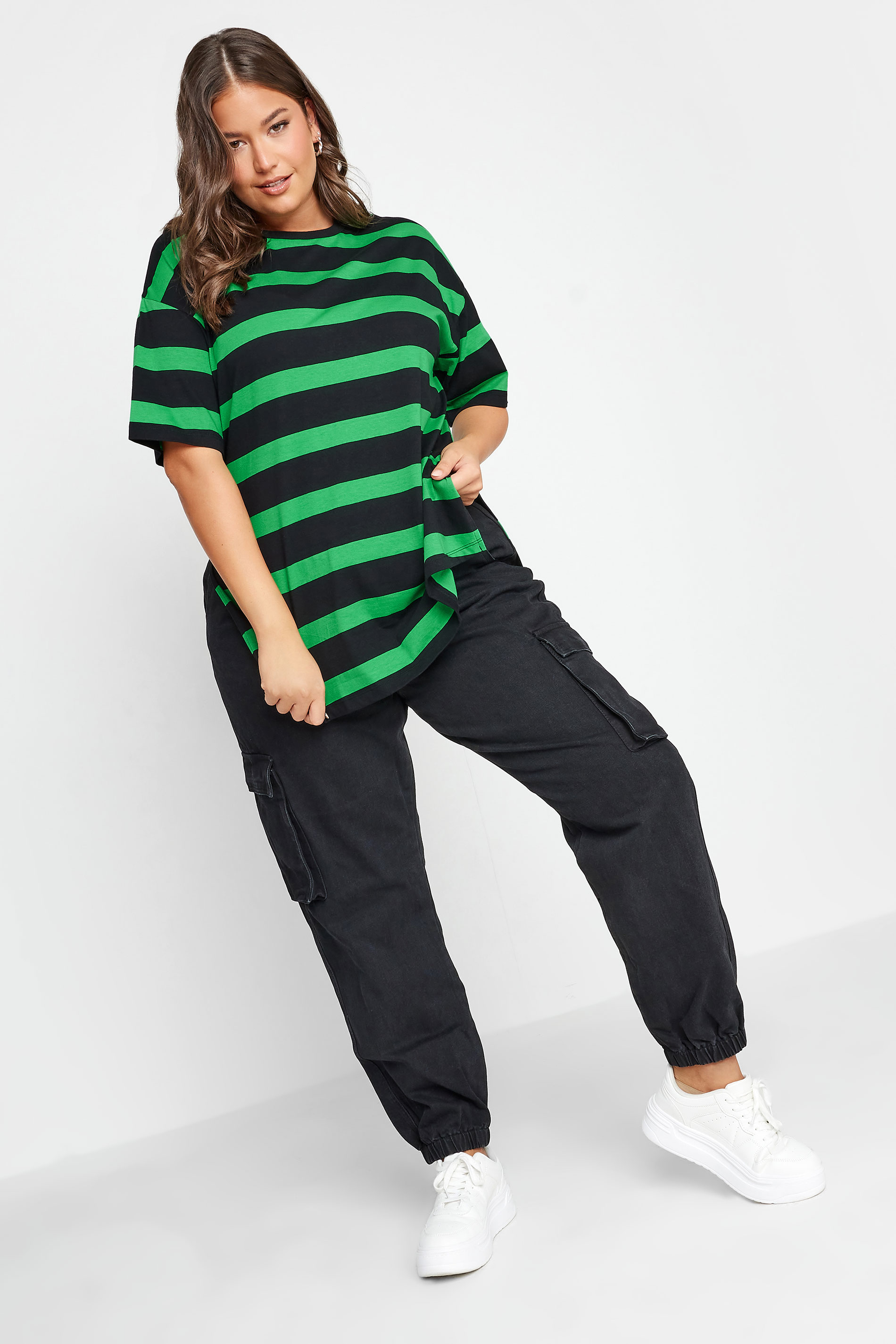 YOURS Plus Size Green Stripe Oversized T-Shirt | Yours Clothing 2