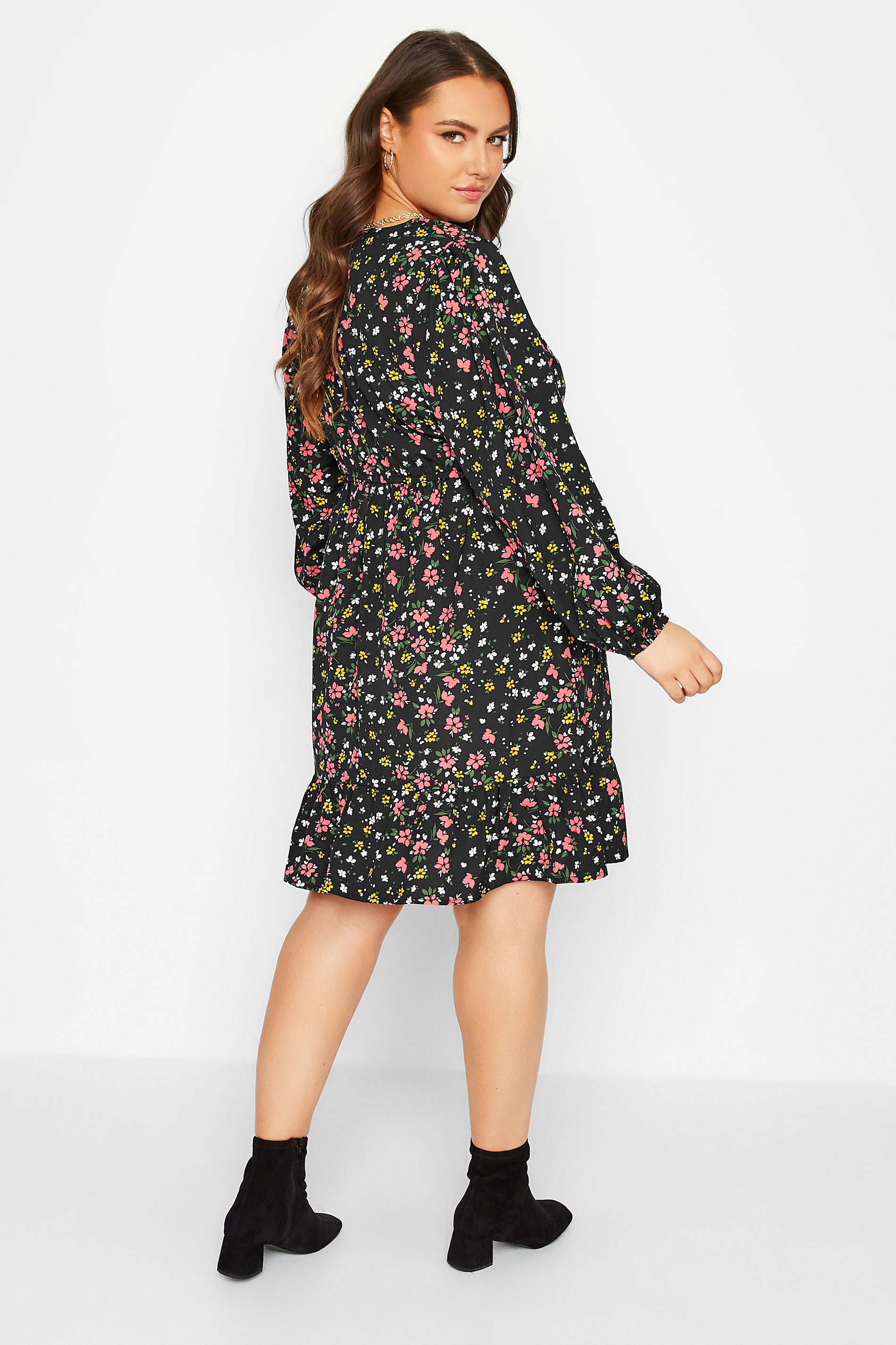 Plus Size Black Floral Long Sleeve Midi Dress | Yours Clothing 3