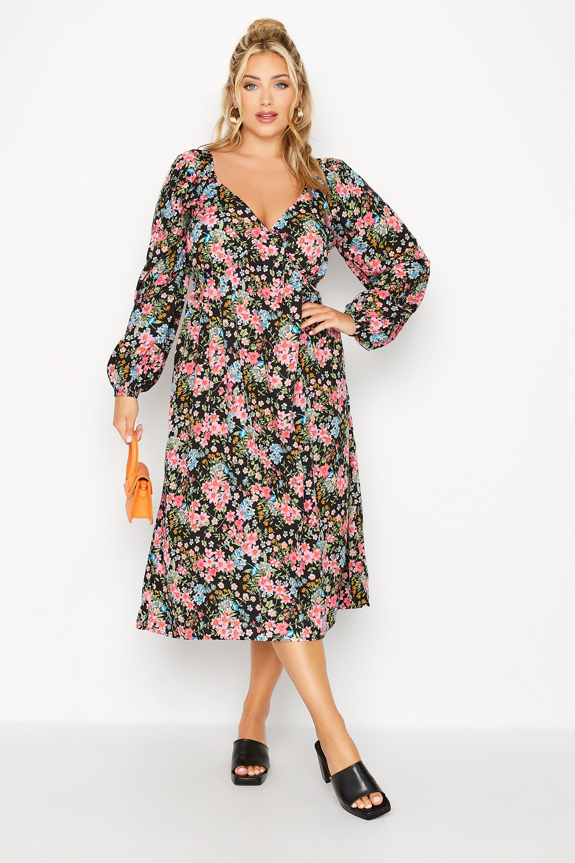 LIMITED COLLECTION Curve Black Floral Balloon Sleeve Midi Dress 1