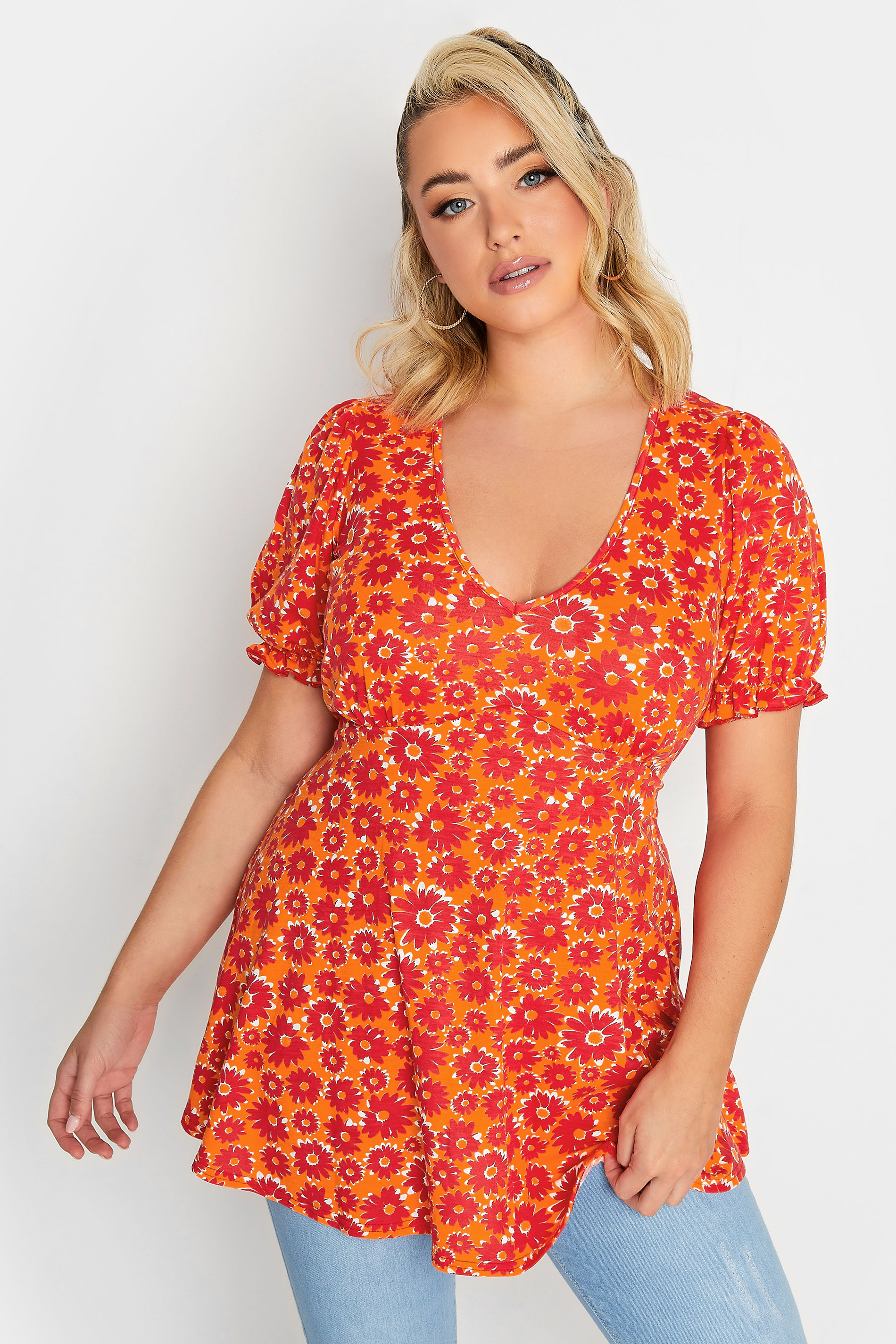 LIMITED COLLECTION Plus Size Orange Floral Frill Sleeve Top | Yours Clothing 1