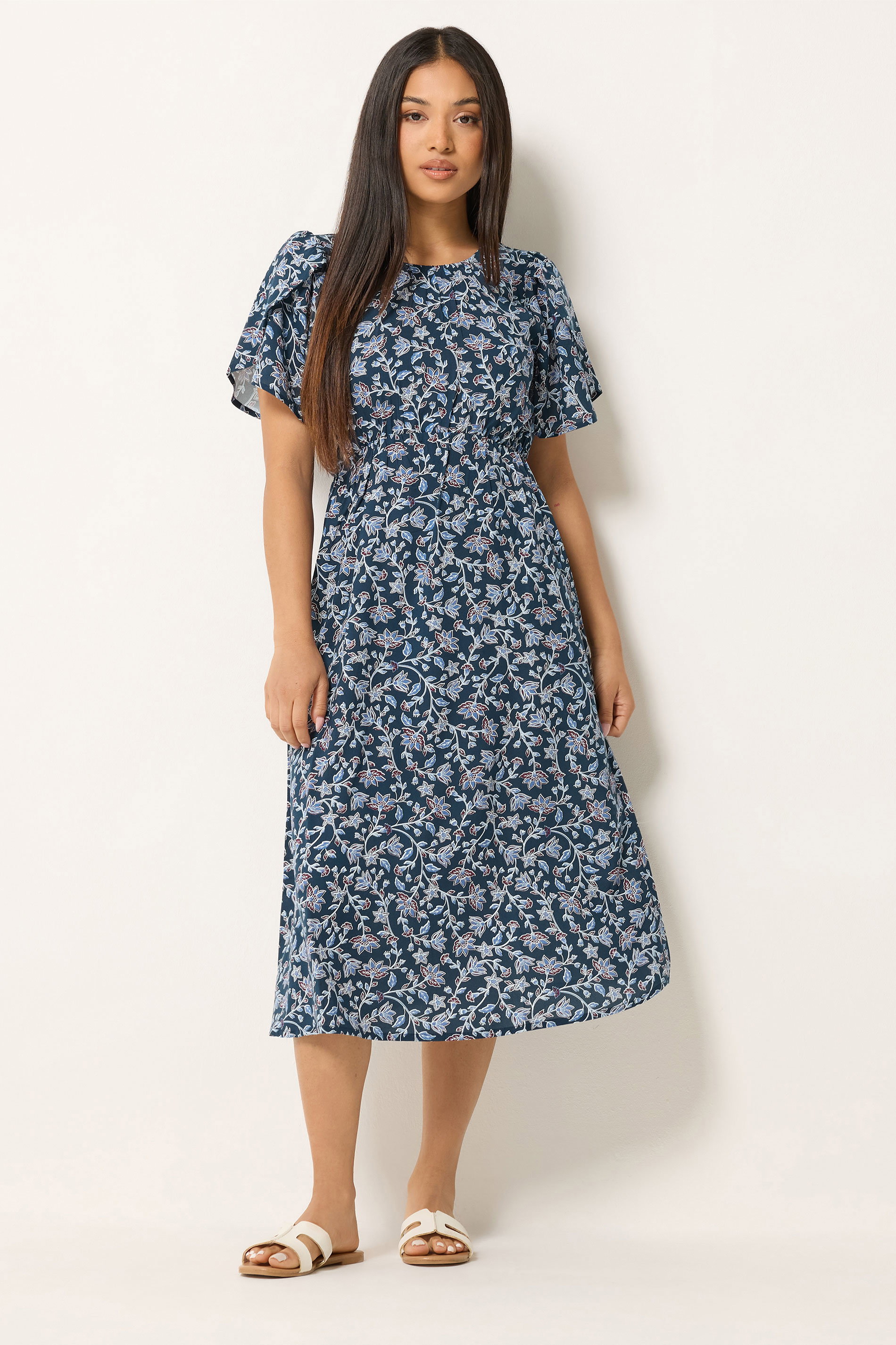 M&Co Petite Blue Floral Print Tulip Sleeve Dress | M&Co 1