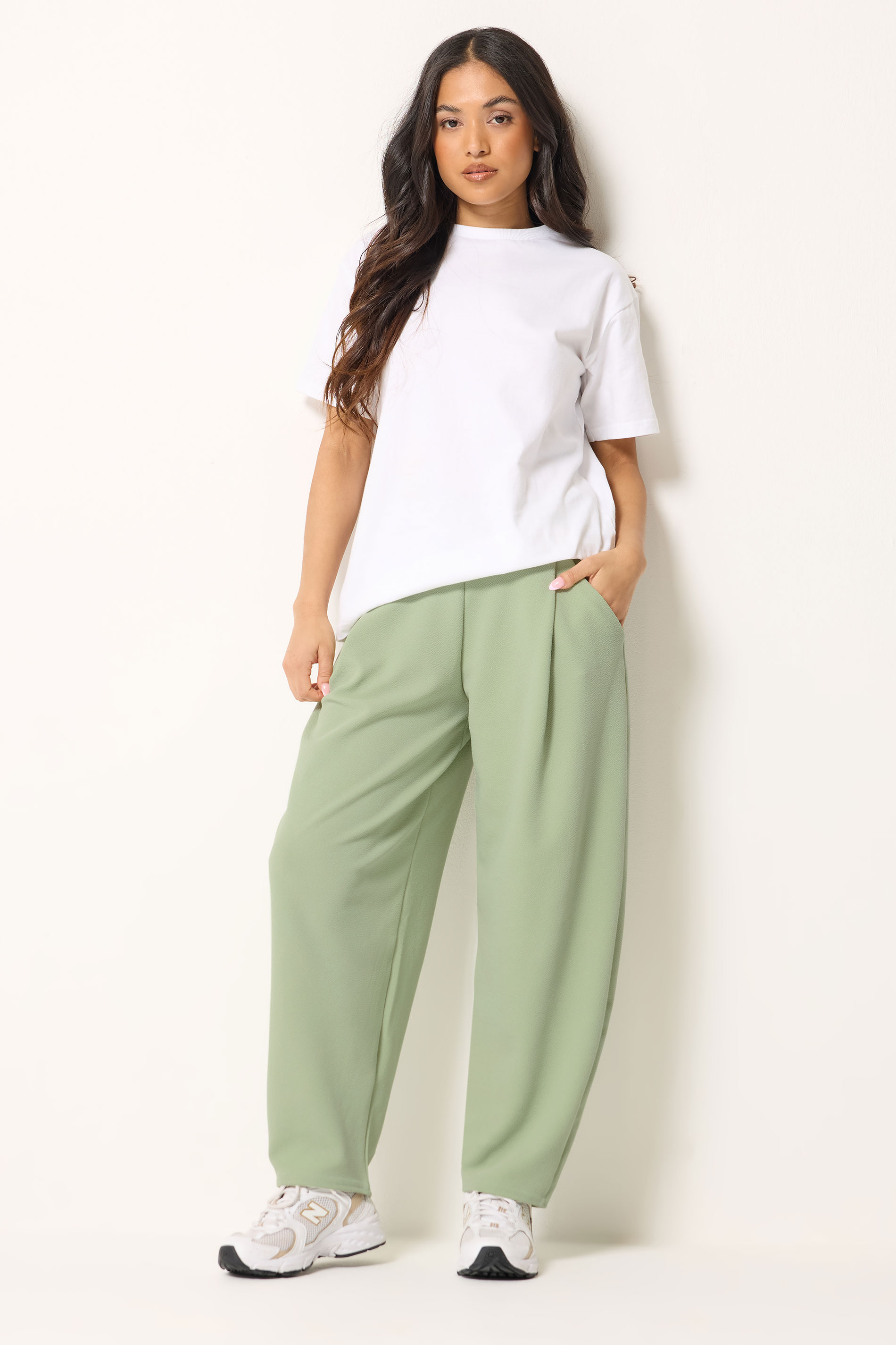PixieGirl Petite Women's Sage Green Barrel Leg Trousers | PixieGirl 3