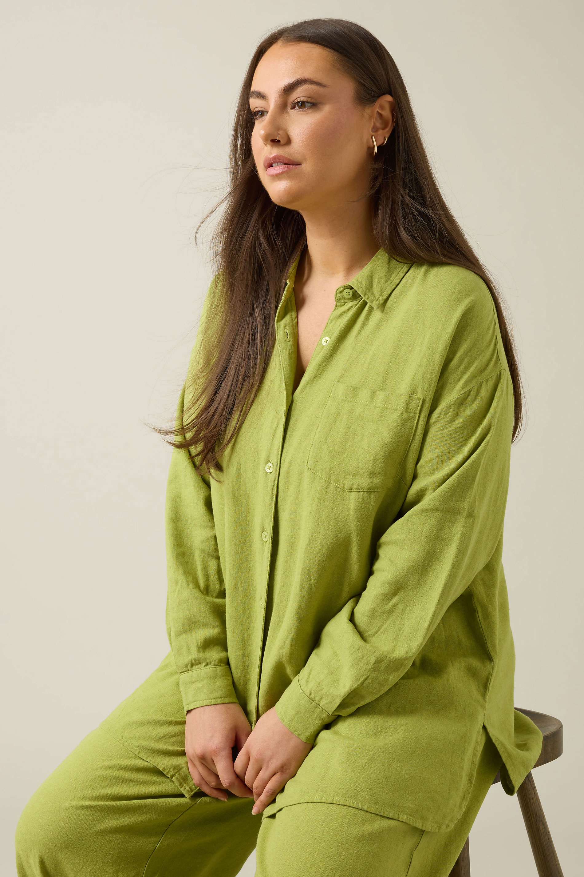 EVANS Plus Size Set Chartreuse Green Linen Shirt & Trouser | Evans 1