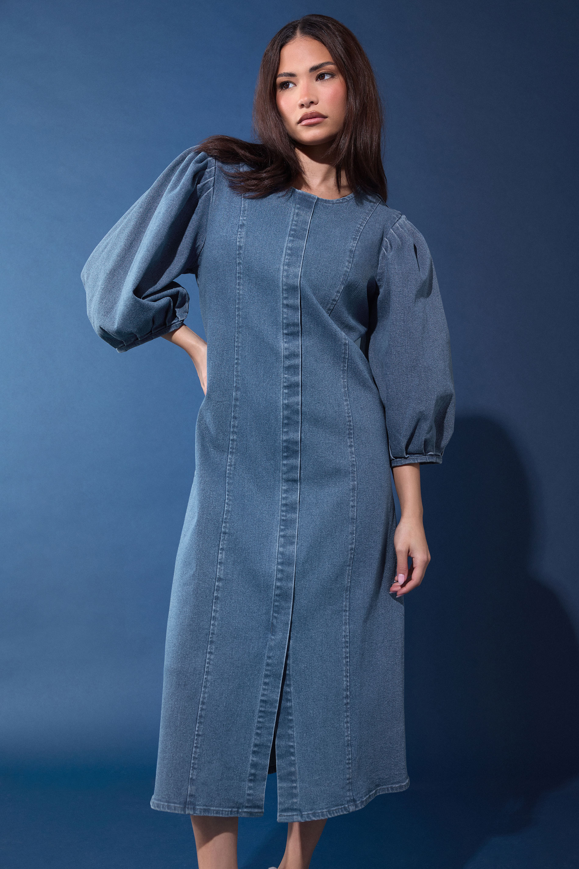 PixieGirl Petite Women's Mid Blue Puff Sleeve Cotton Midi Dress | PixieGirl 3