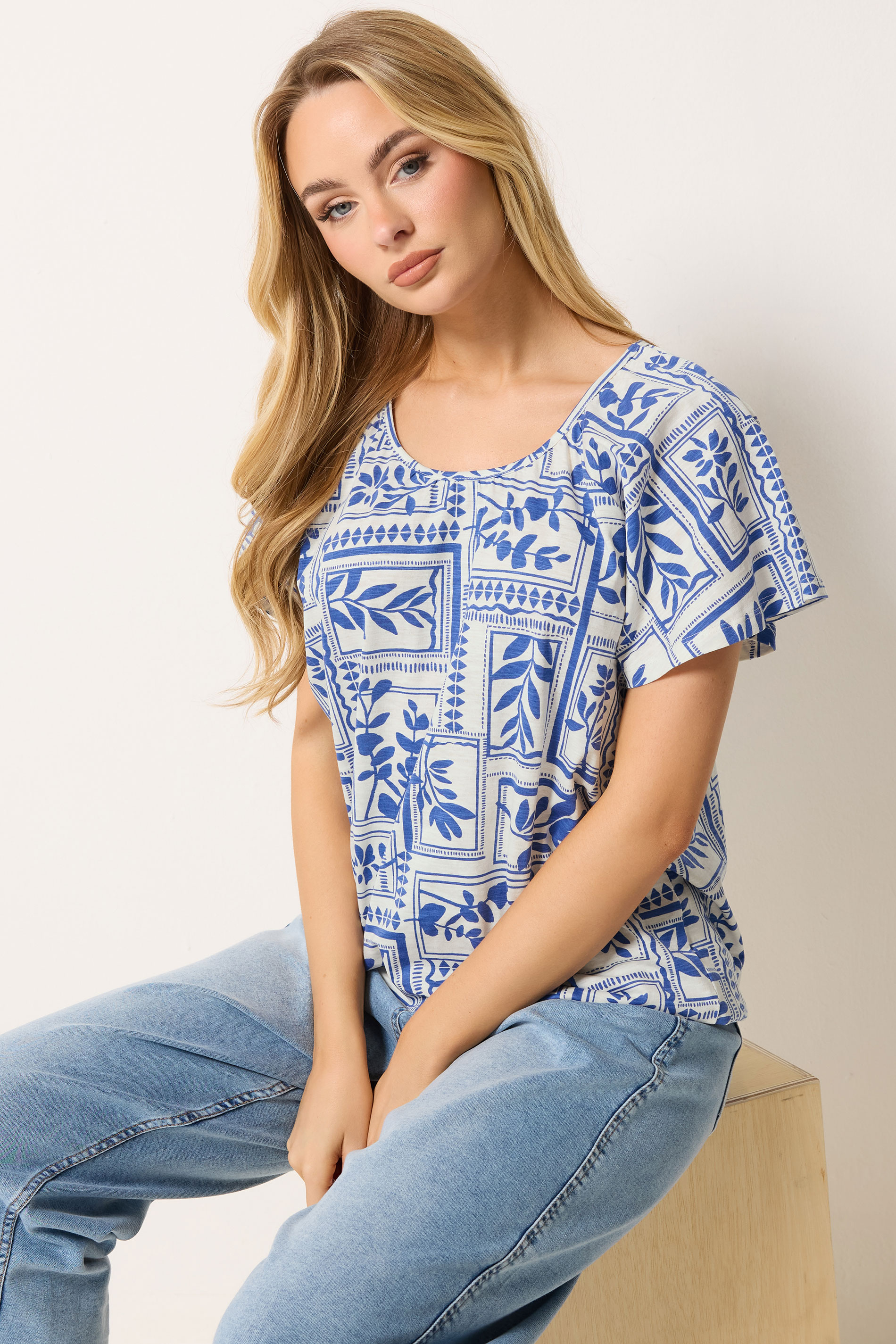 M&Co White & Blue Abstract Print Cotton Scoop Neck Top | M&Co 3