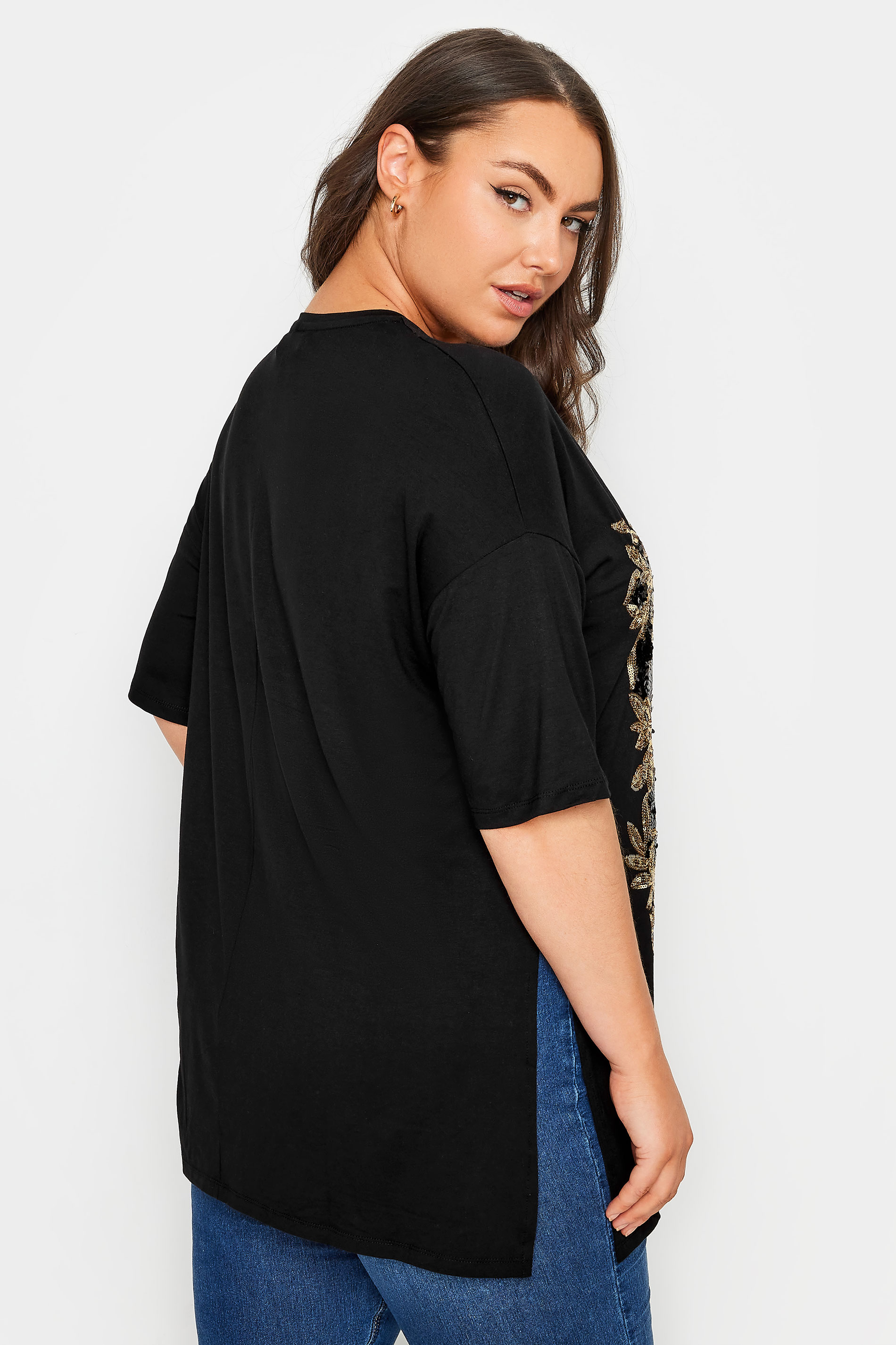 YOURS Plus Size Black Sequin Embellished Design T-Shirt | Yours Clothing 3