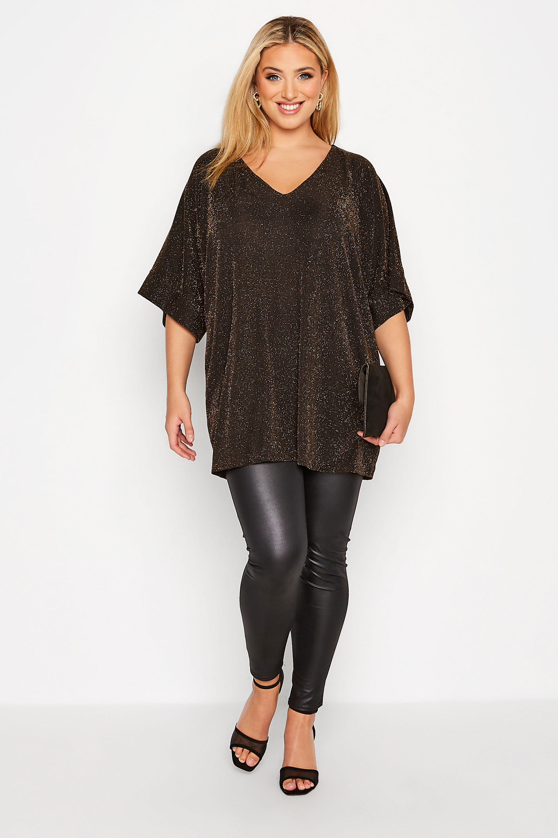 Curve Plus Size Gold Glitter V-Neck Top | Yours Clothing  2