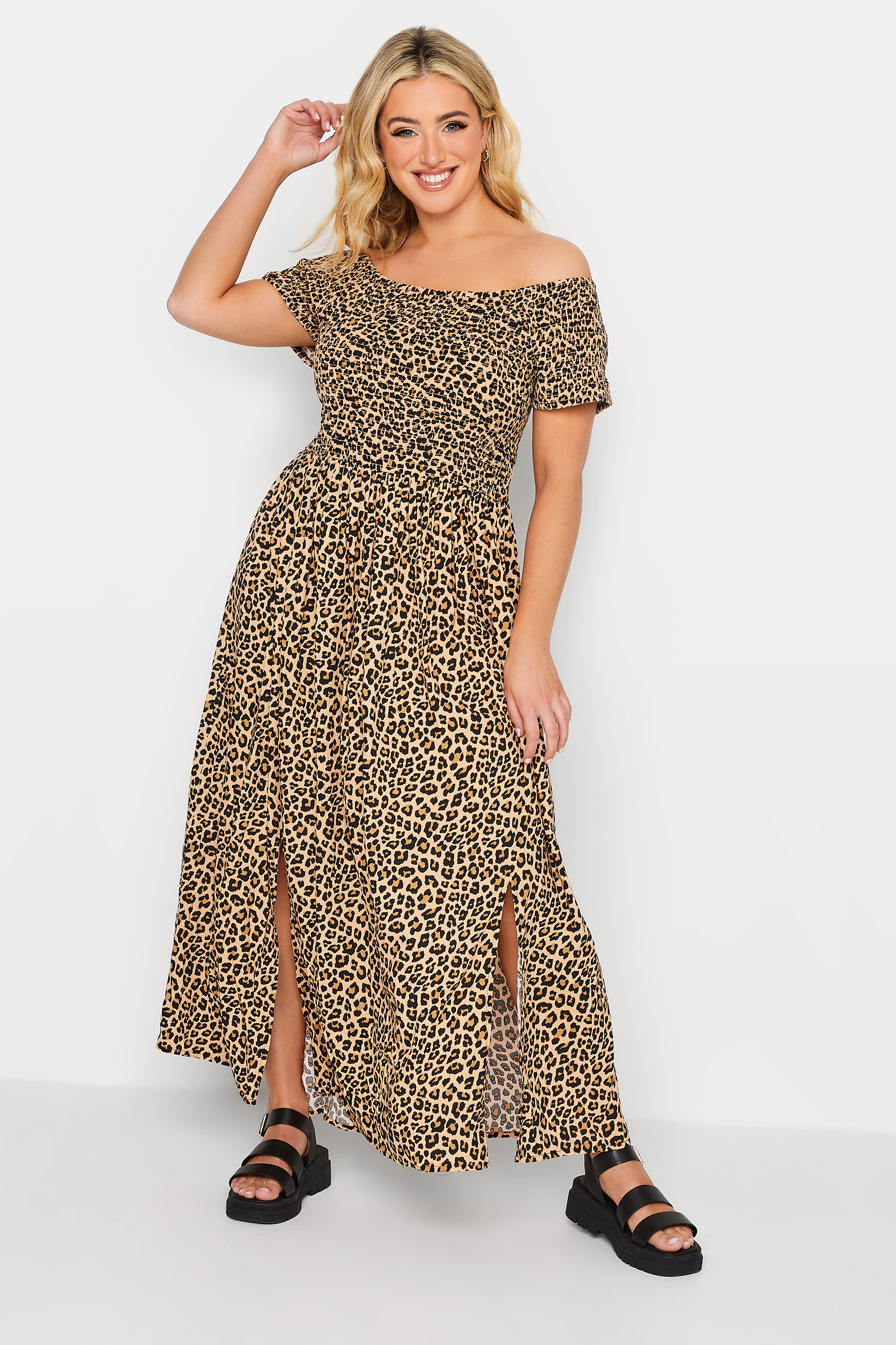 YOURS Curve Plus Size Brown Leopard Print Shirred Maxi Dress | Yours Clothing  1