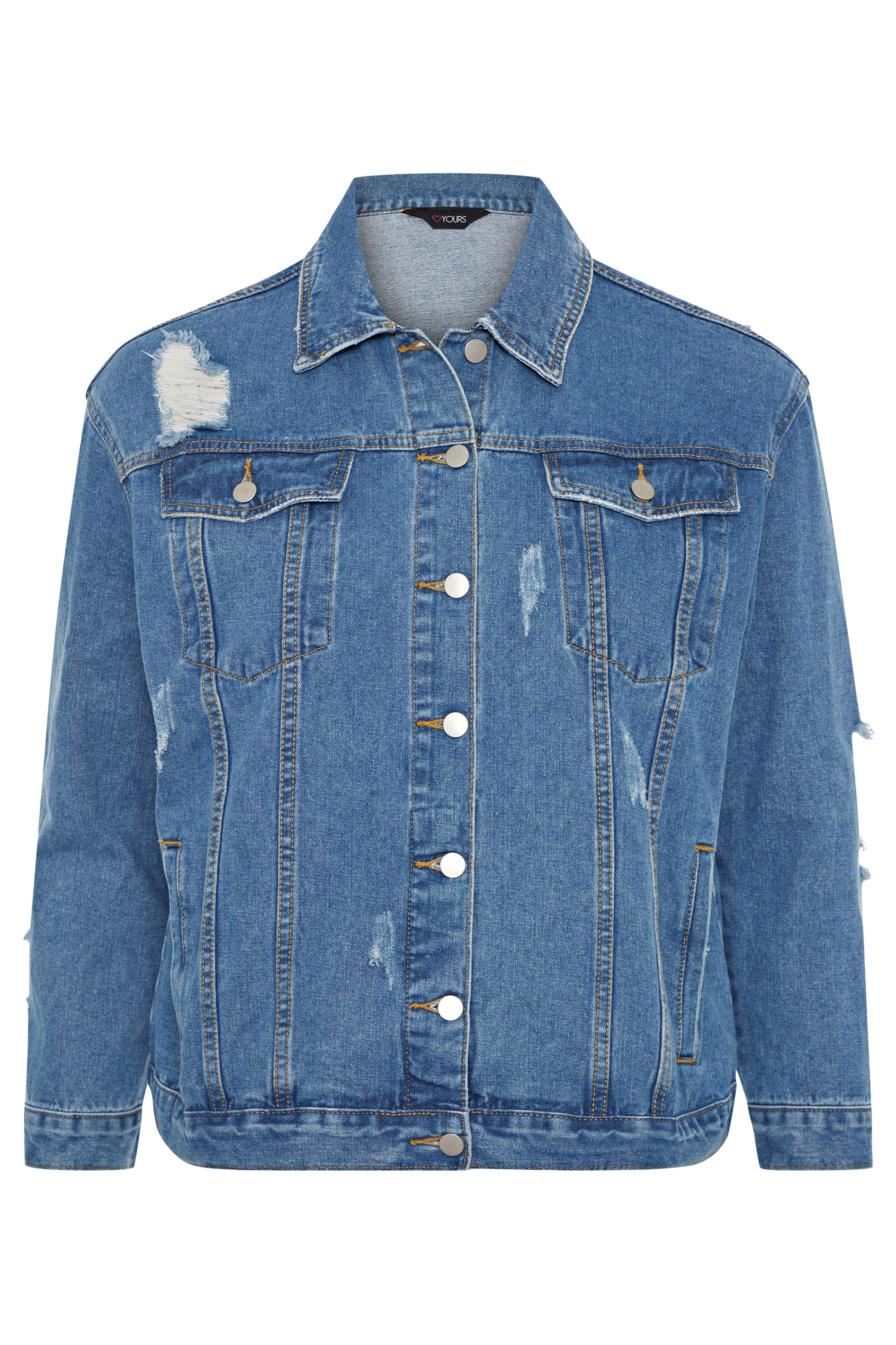 Mid Blue Distressed Oversized Denim Jacket | Yours Clothing