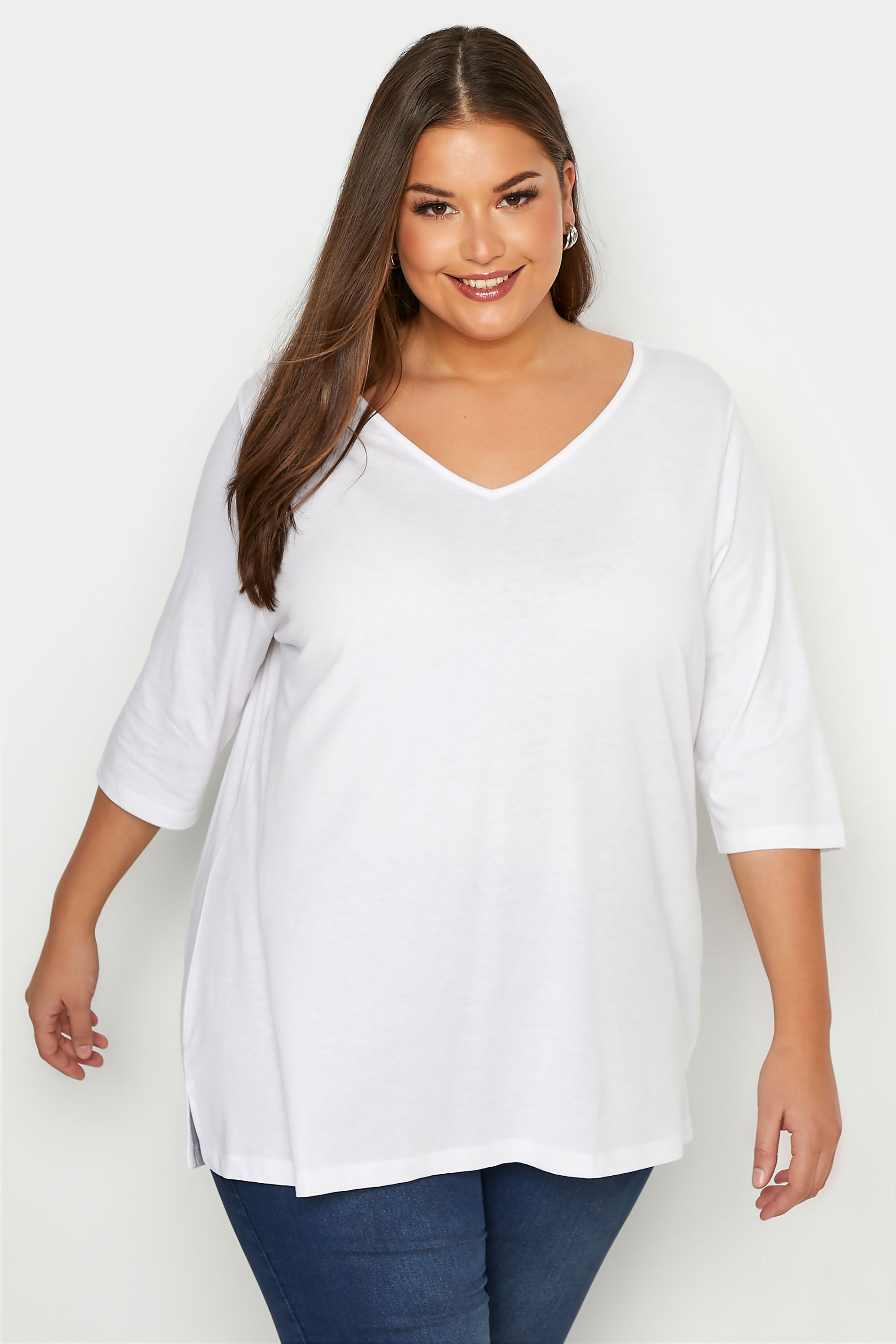 Grande taille  Tops Grande taille  T-Shirts | T-Shirt Blanc Col V Manches Longues - ZD79958