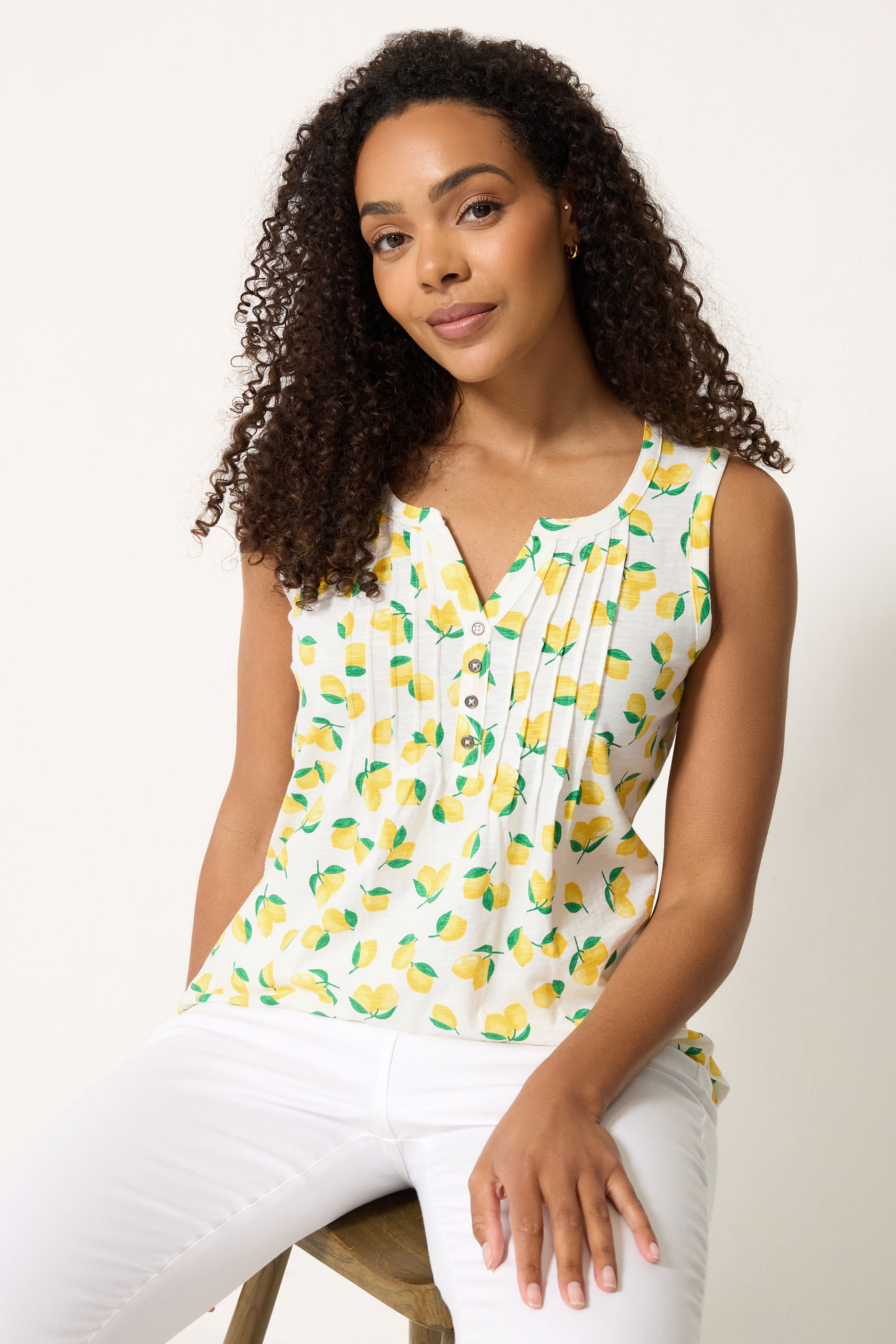 M&Co Yellow Lemon Print Sleeveless Cotton Henley Top | M&Co 3