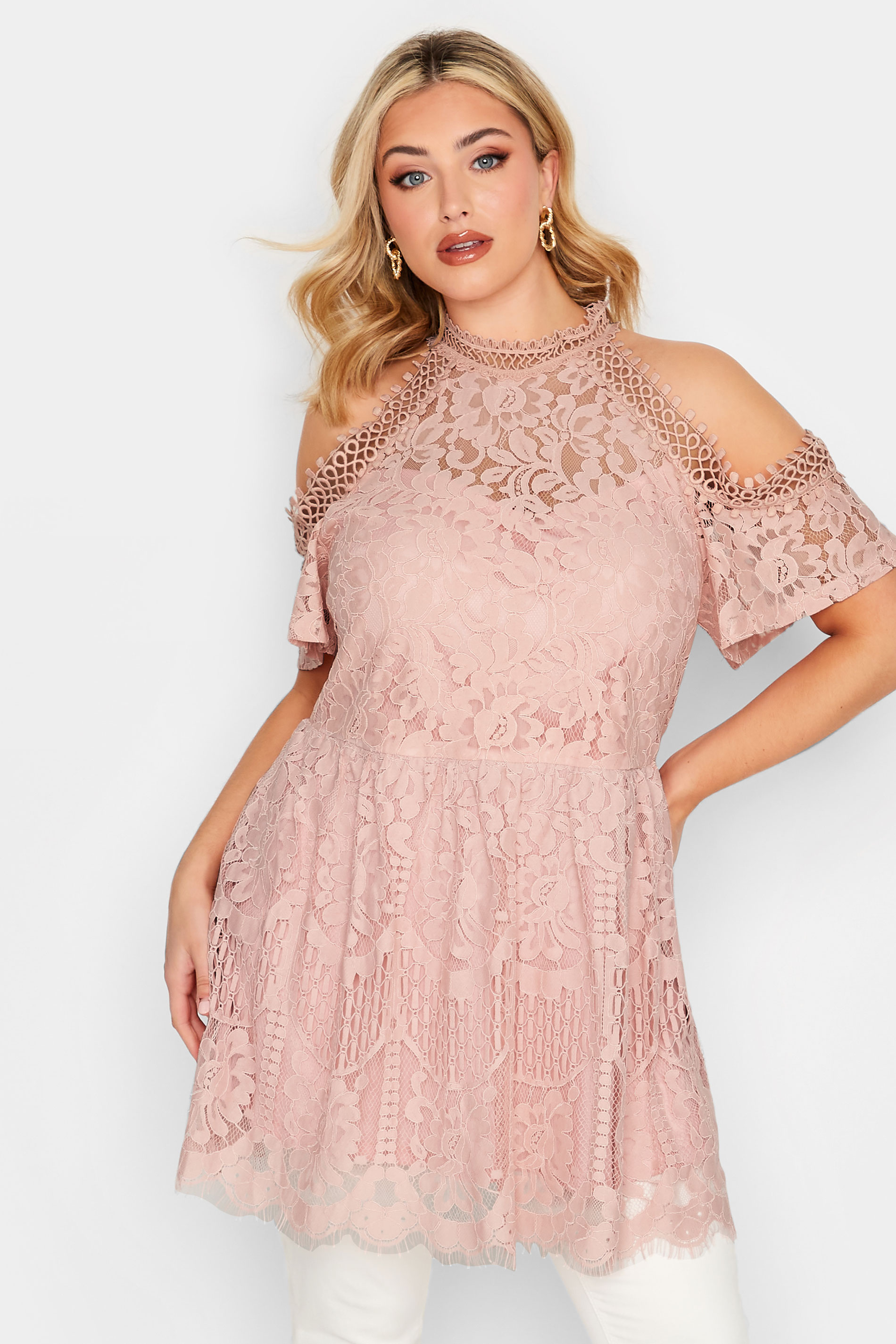 YOURS LONDON Plus Size Pink Cold Shoulder Lace Top | Yours Clothing 1