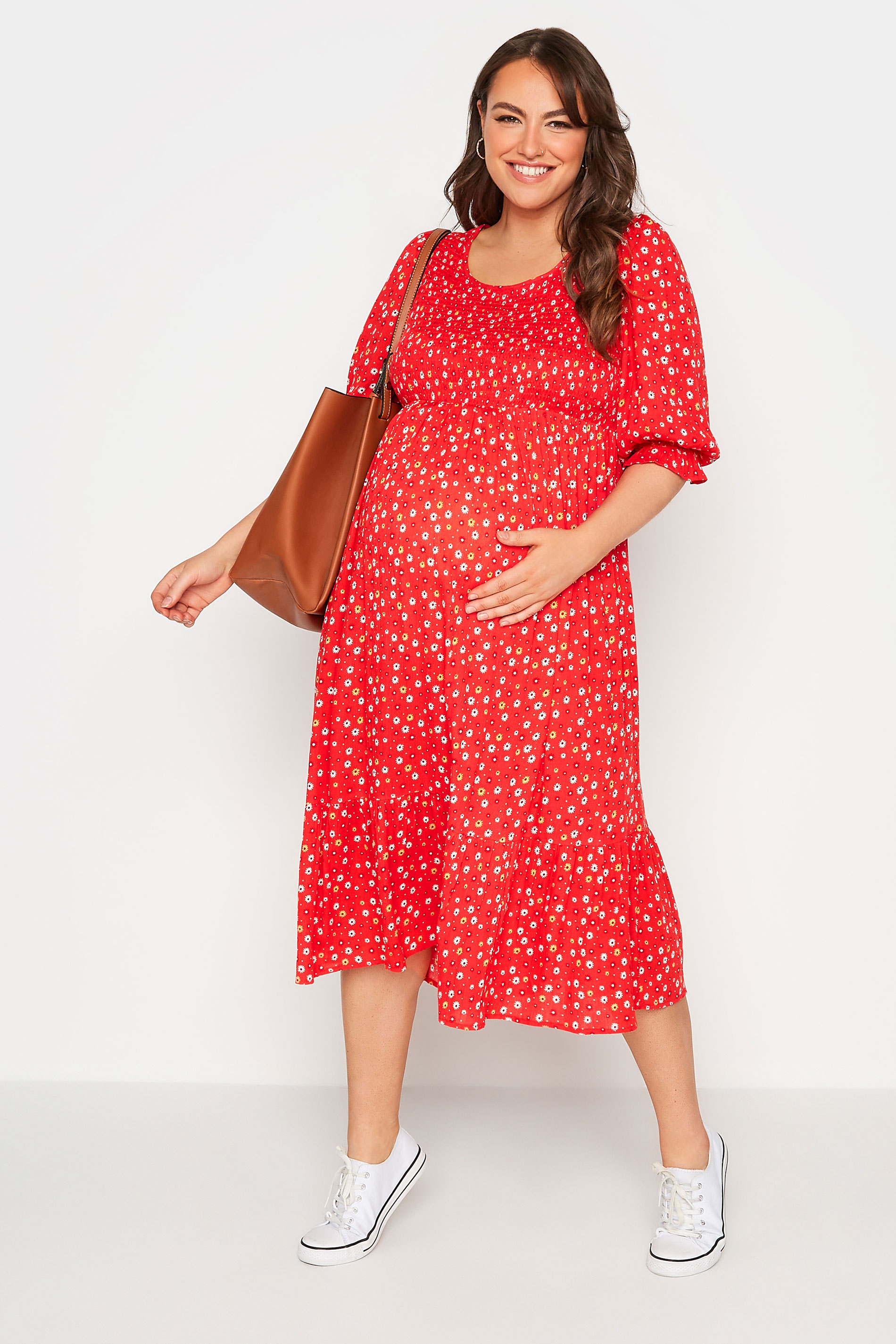 BUMP IT UP MATERNITY Plus Size Red Ditsy Print Tiered Dress | Yours Clothing 2