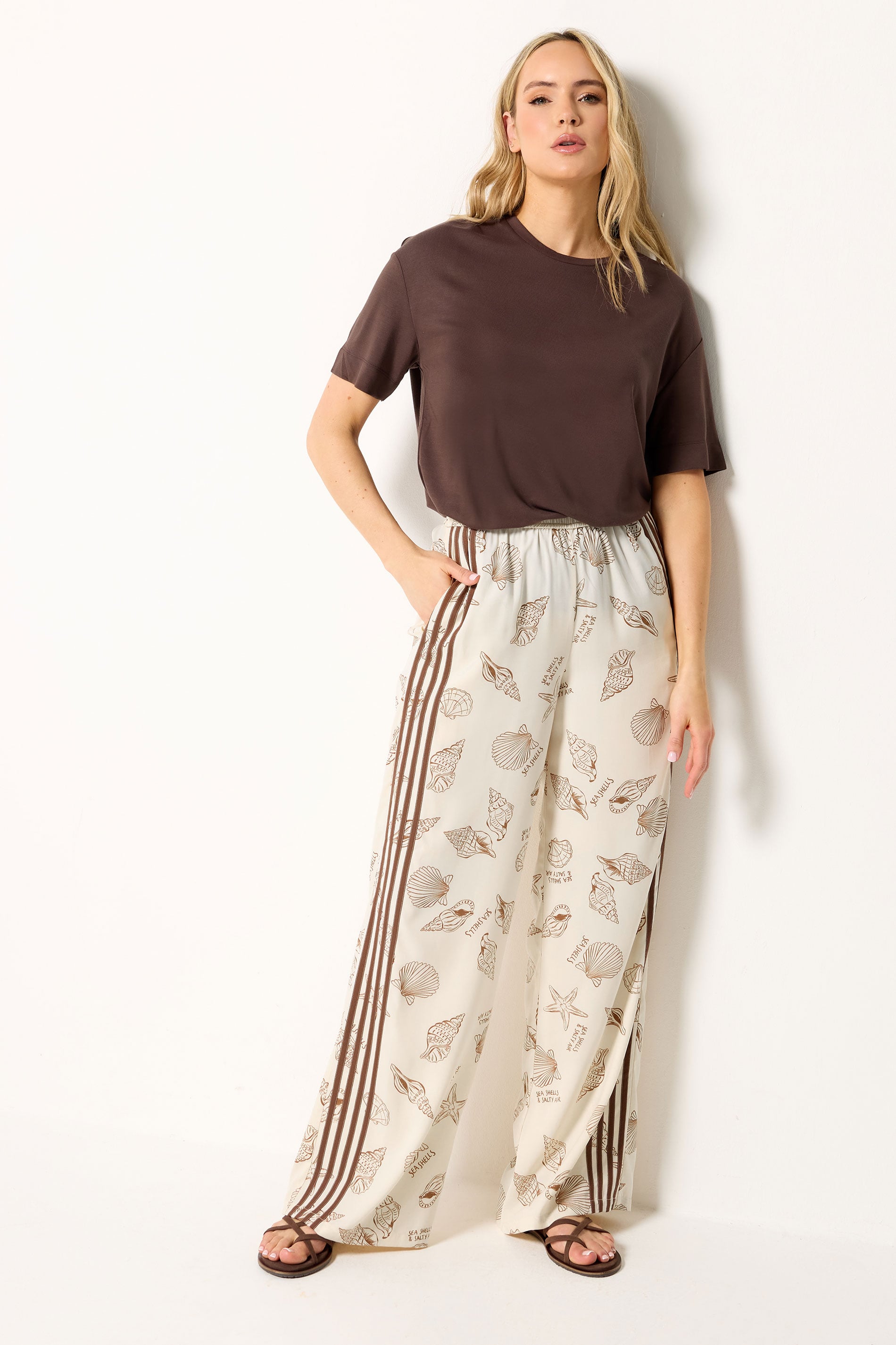 LTS Tall Women's Natural Brown Sea Shell Print Wide Leg Trousers | Long Tall Sally 1