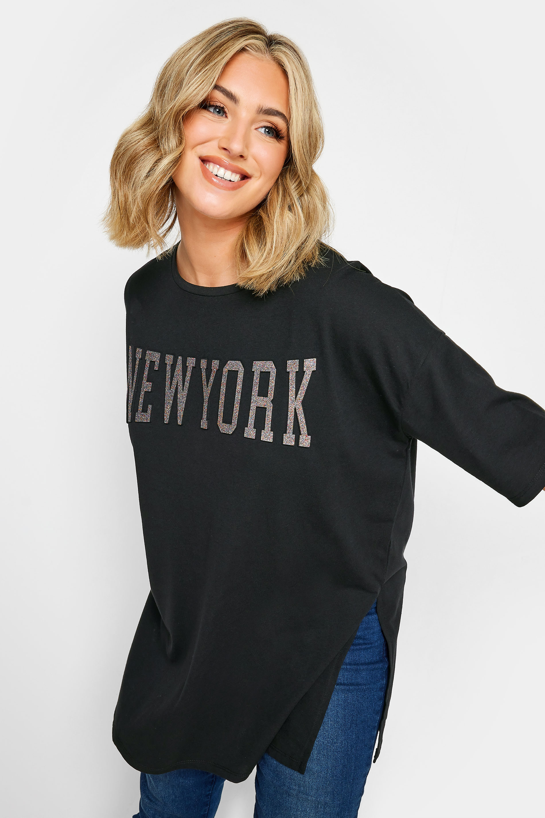 Yours Curve Plus Size New York Glitter Embossed Tshirt