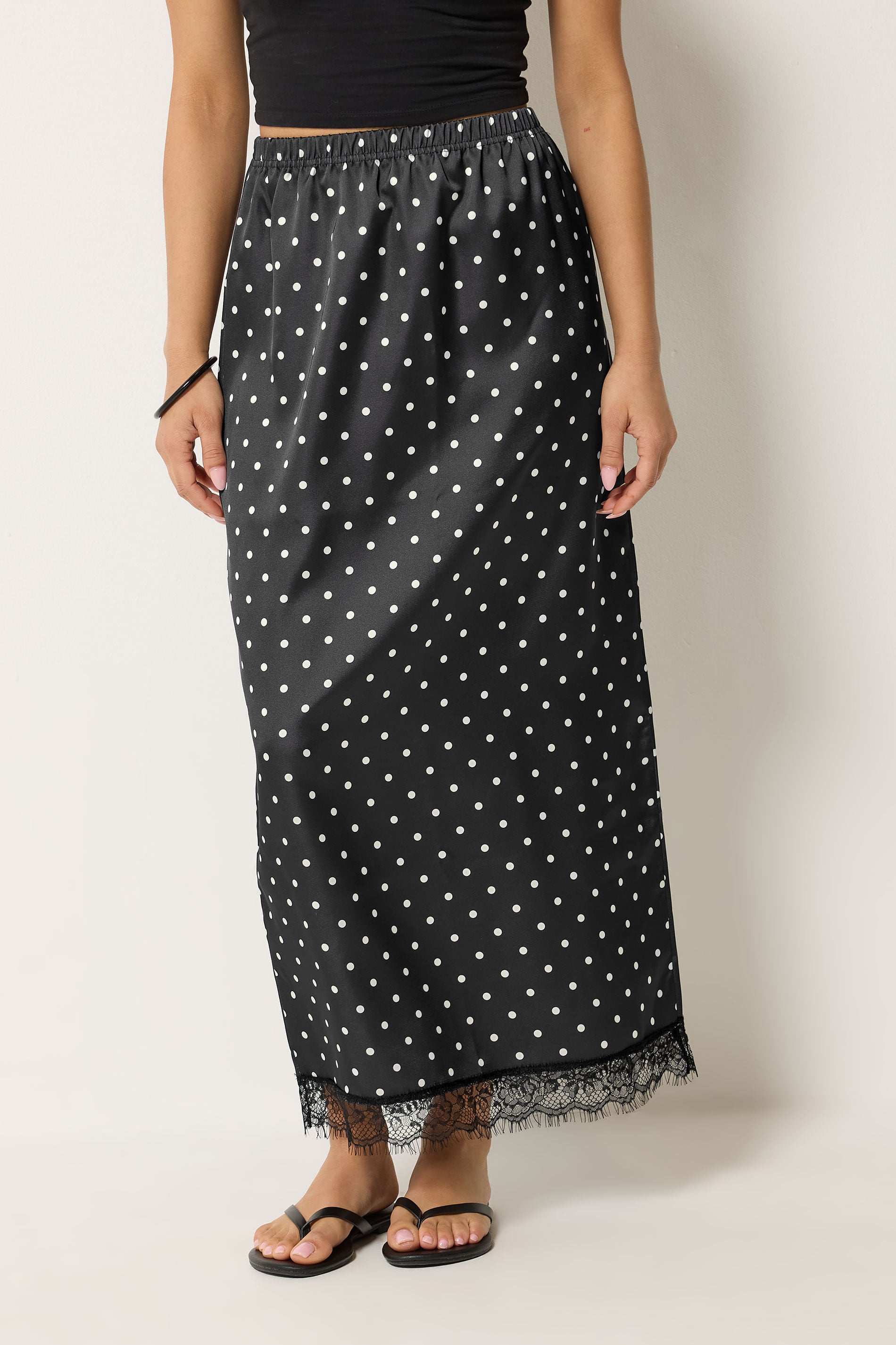 PixieGirl Petite Women's Black Polka Dot Satin Maxi Skirt | PixieGirl 1