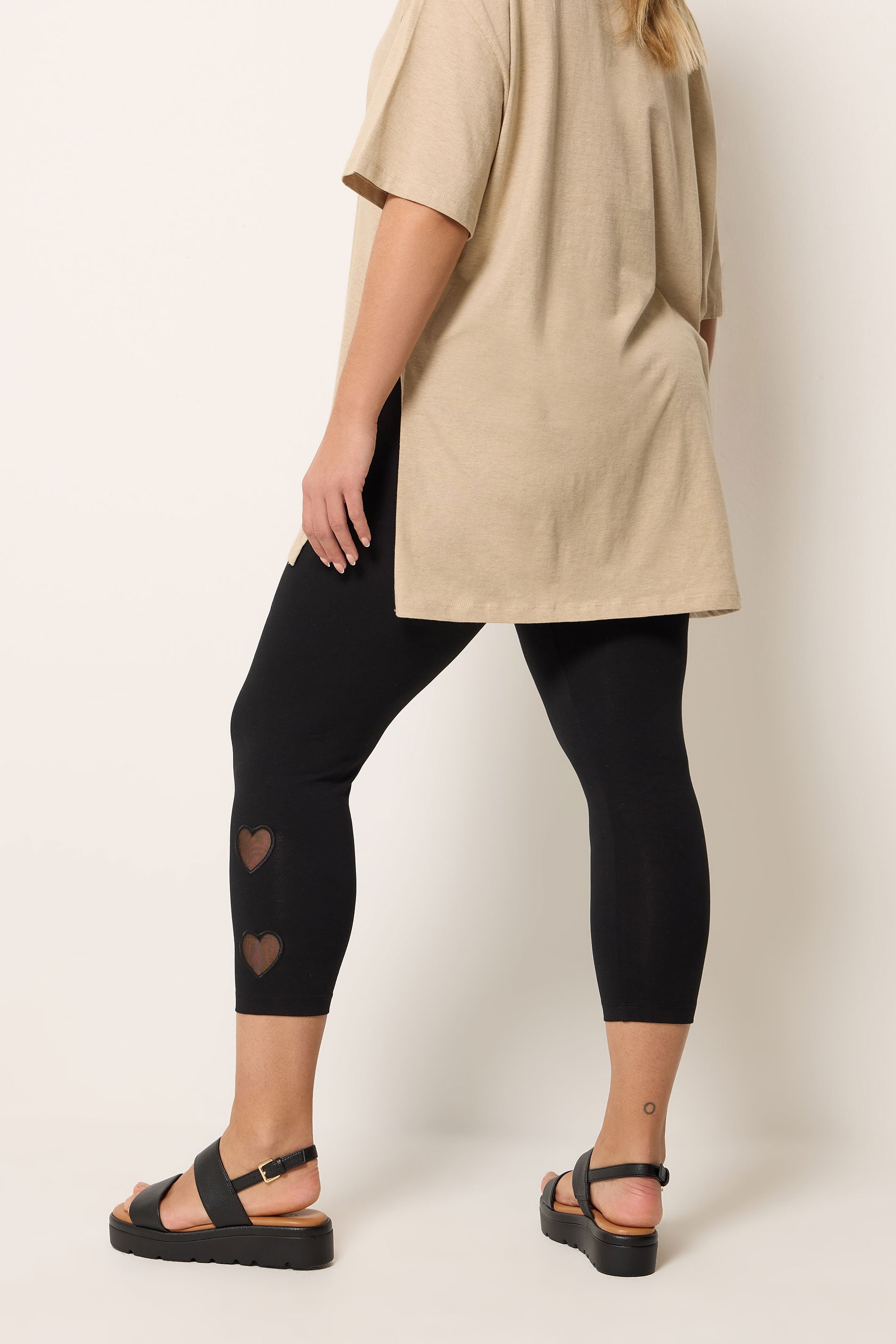 YOURS Plus Size Black Heart Mesh Detail Cropped Leggings | Yours Clothing 2