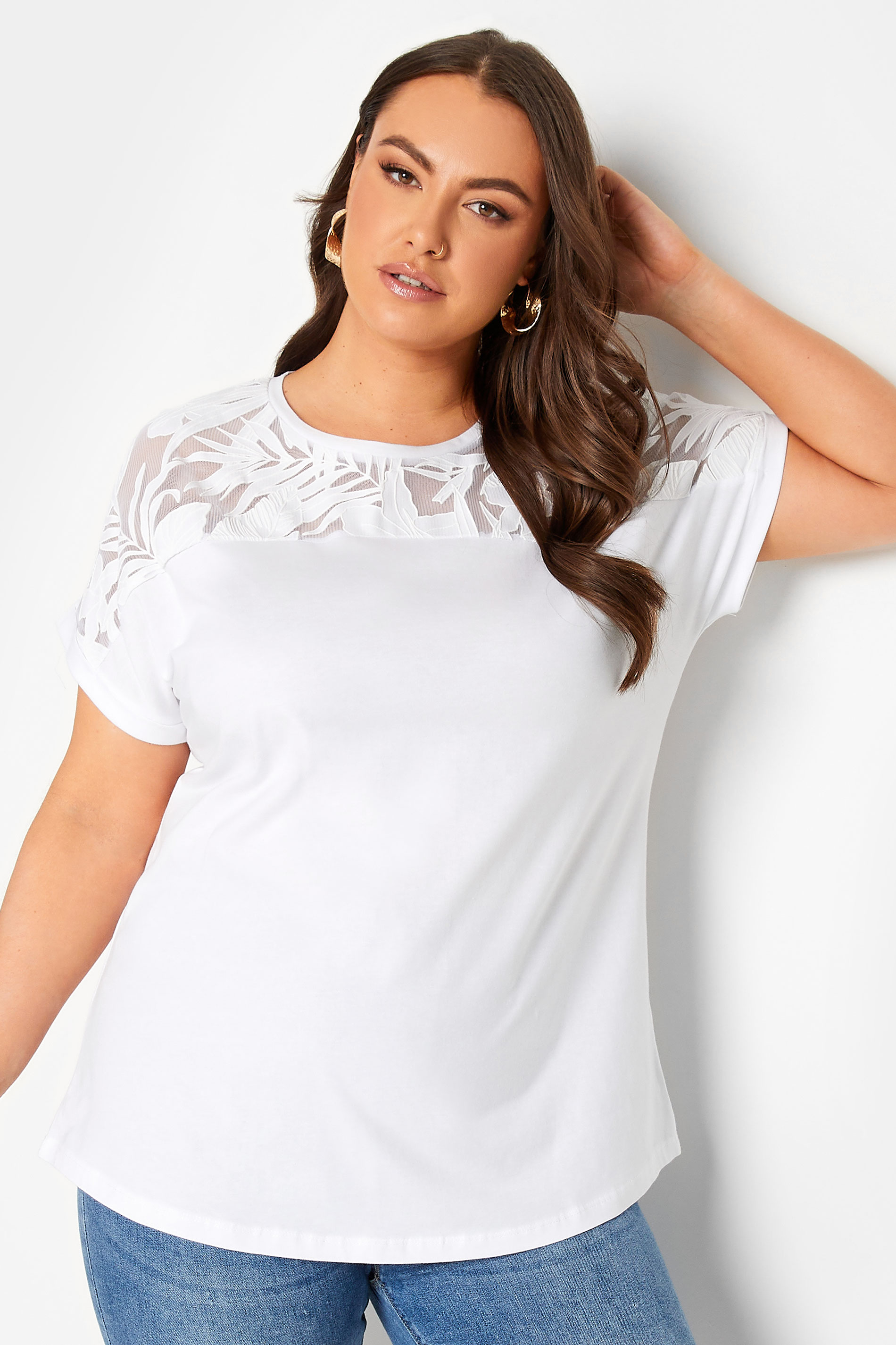 YOURS Plus Size White Floral Mesh Panel T-Shirt | Yours Clothing 1