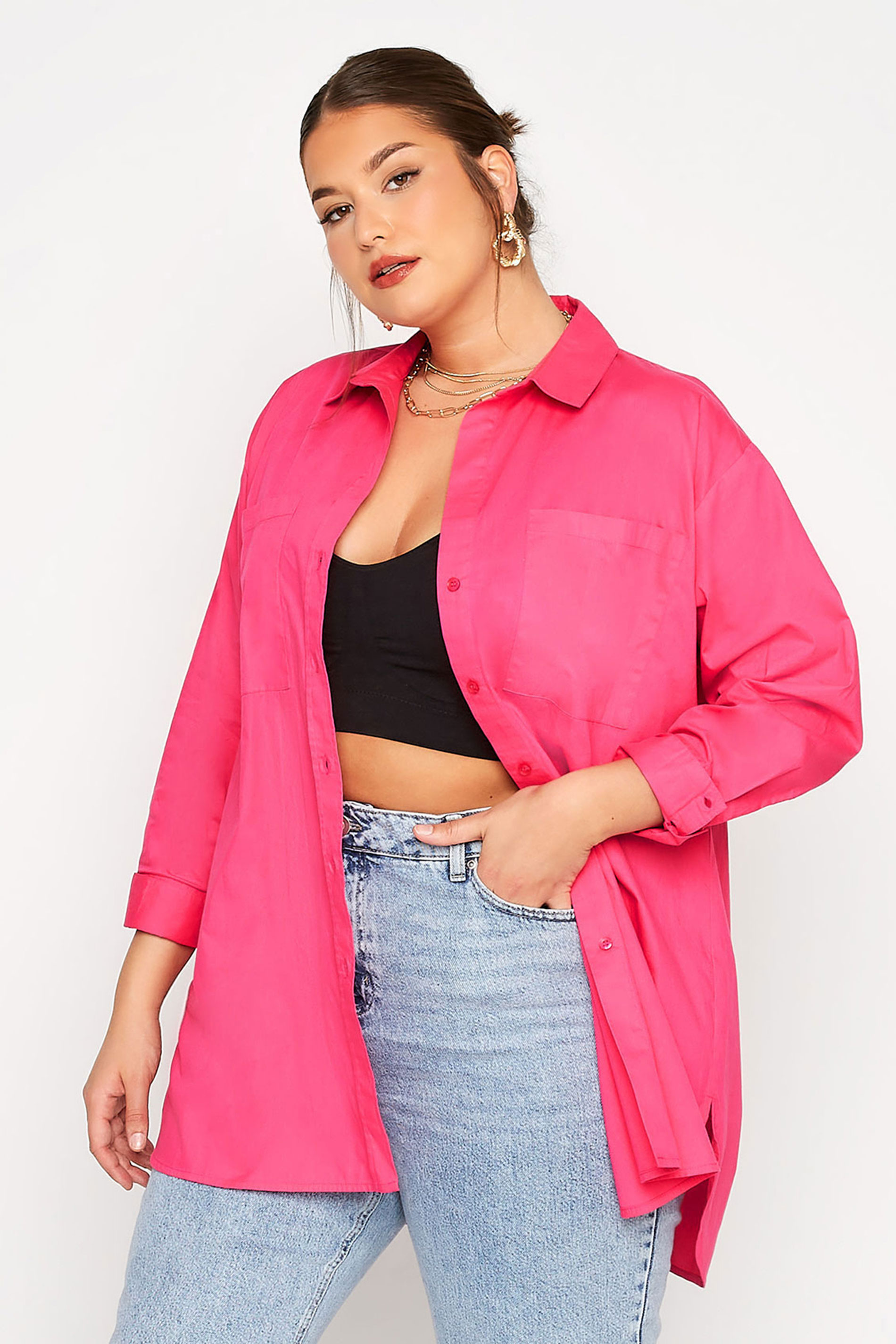 LIMITED COLLECTION Plus Size Hot Pink Oversized Boyfriend Shirt | Yours Clothing 1