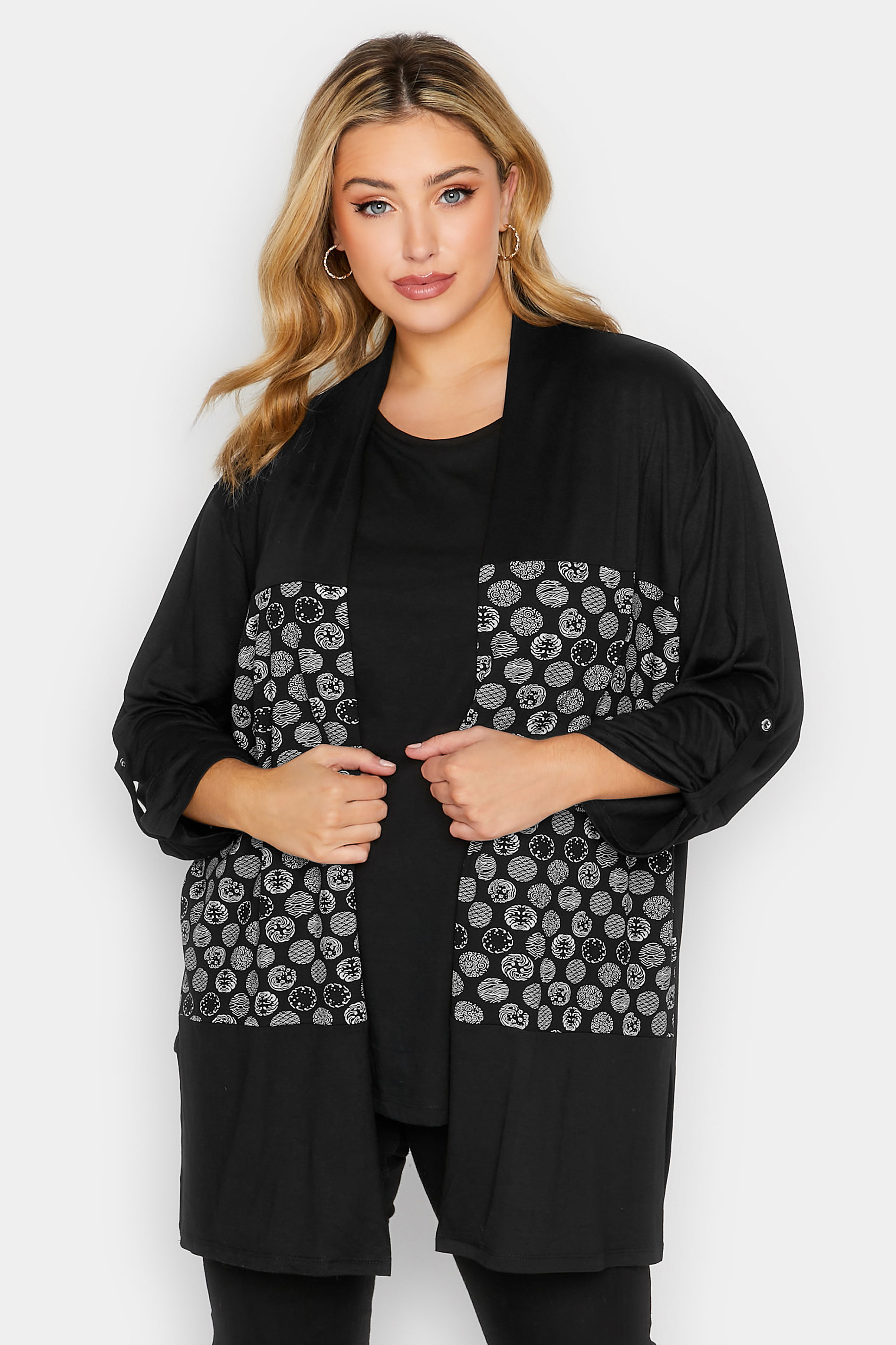 Plus Size Black Geometric Spot Print Colour Block Cardigan | Yours Clothing 1