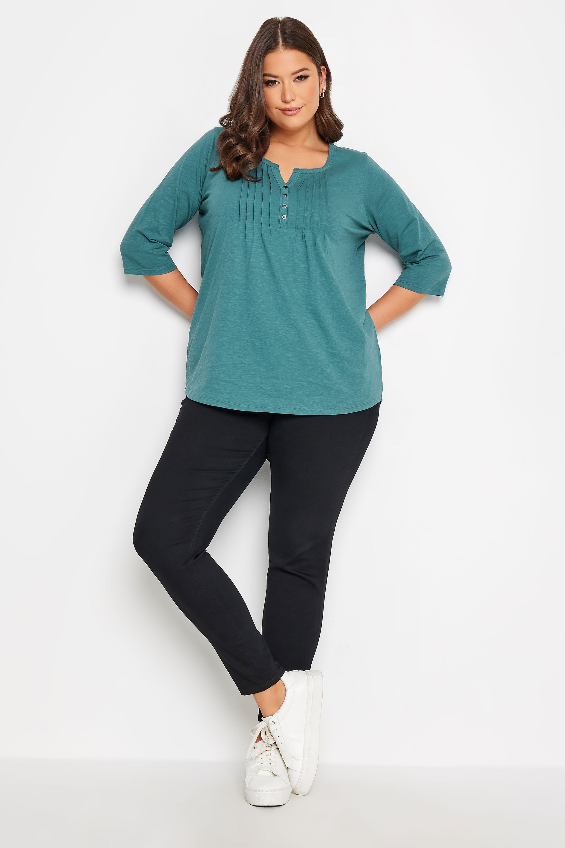 YOURS Plus Size Teal Blue Pintuck Henley T-Shirt | Yours Clothing 2