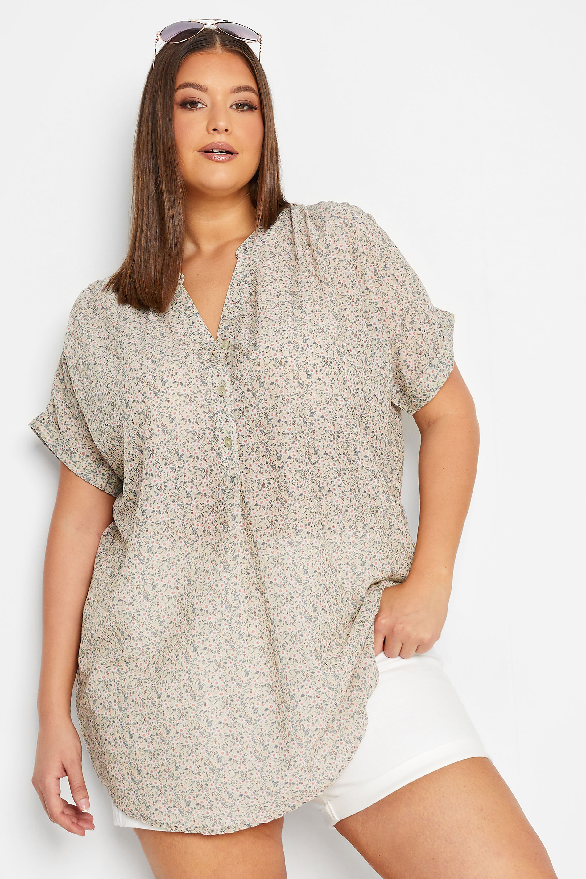 YOURS Plus Size Curve White Ditsy Print Half Placket Shirt | Yours Clothing  1