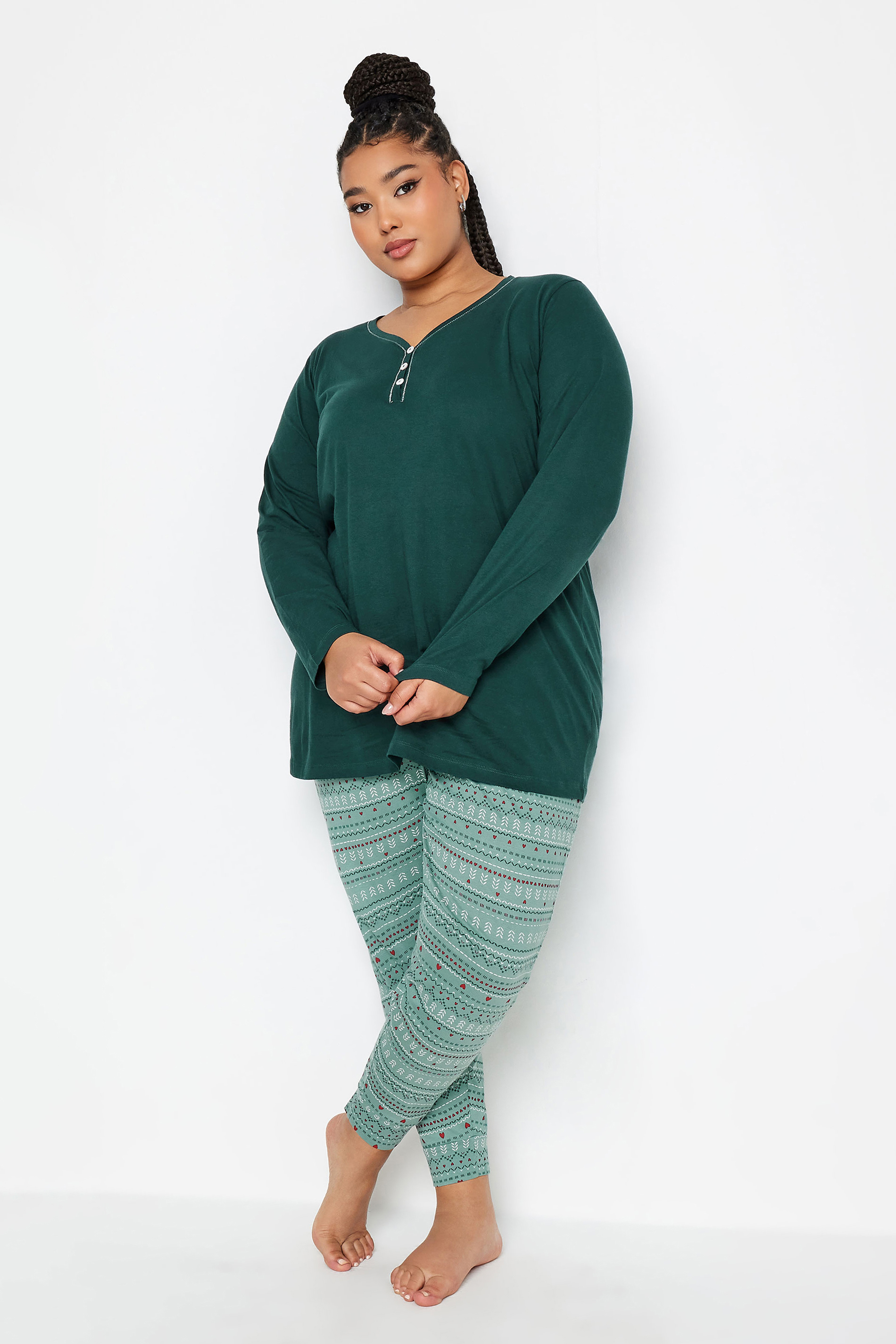 YOURS Plus Size Green Fairisle Print Pyjama Set | Yours Clothing 1