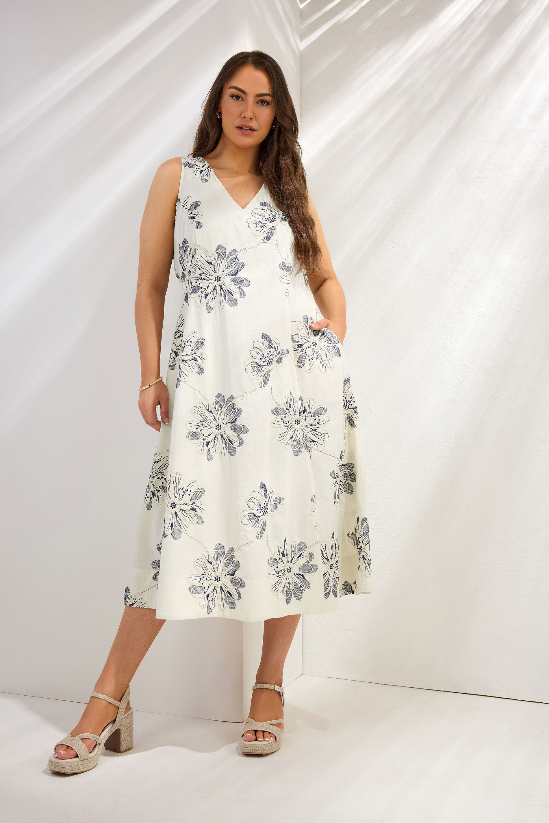 EVANS Plus Size Cream Embroidered Floral Linen Midi Dress | Evans 1