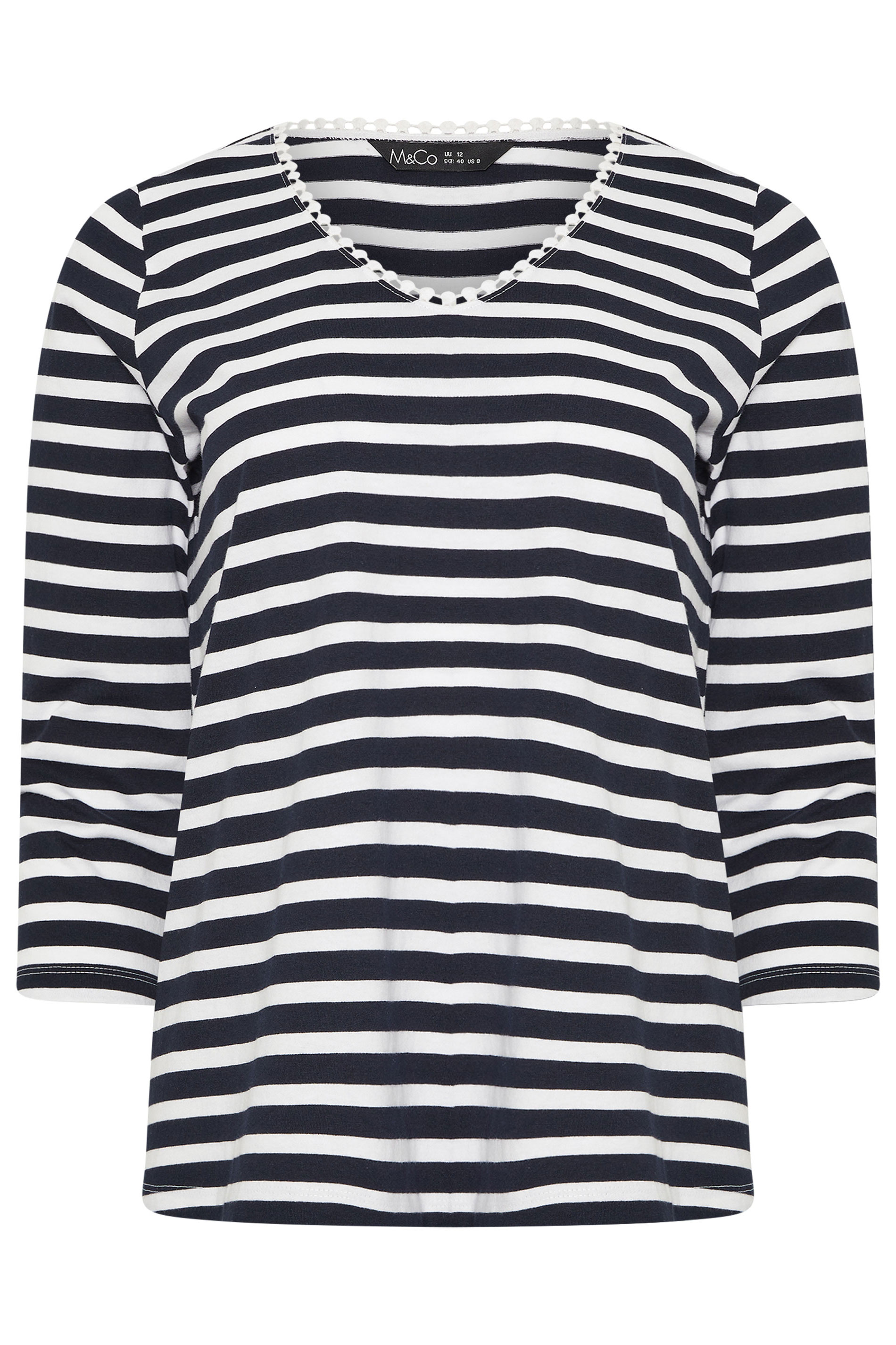 M&Co Navy Blue Stripe Cotton Neck Trim Top | M&Co 5