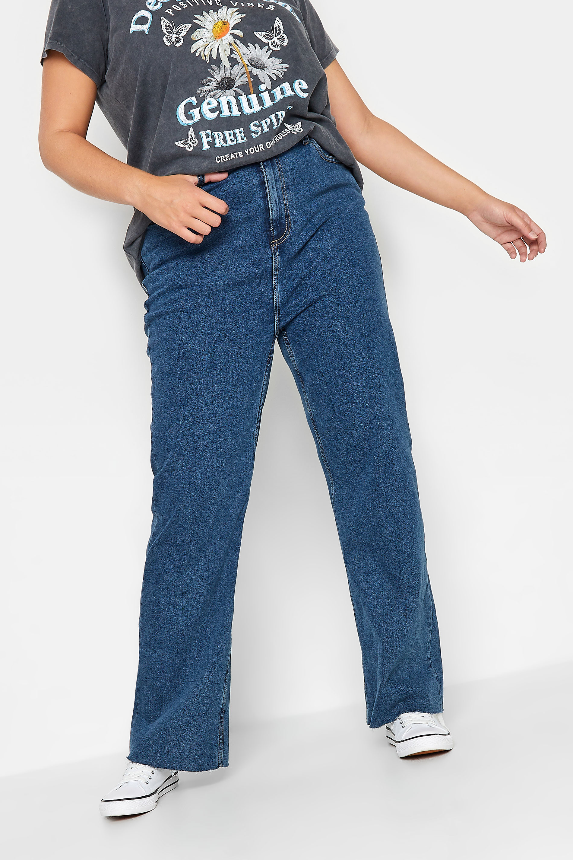 Plus Size Mid Blue Stretch Wide Leg Jeans | Yours Clothing  2