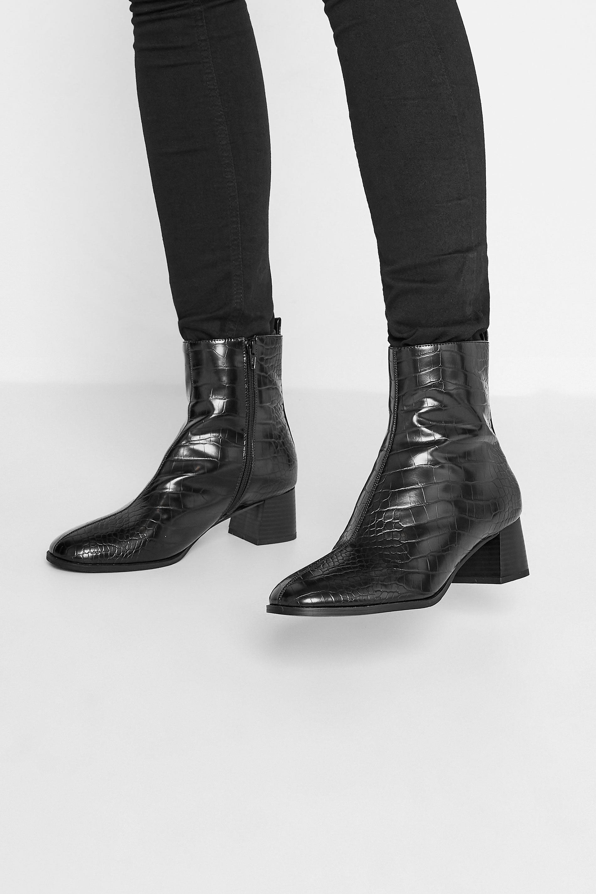 LTS Black Croc Block Heel Boots In Standard Fit| Long Tall Sally 1