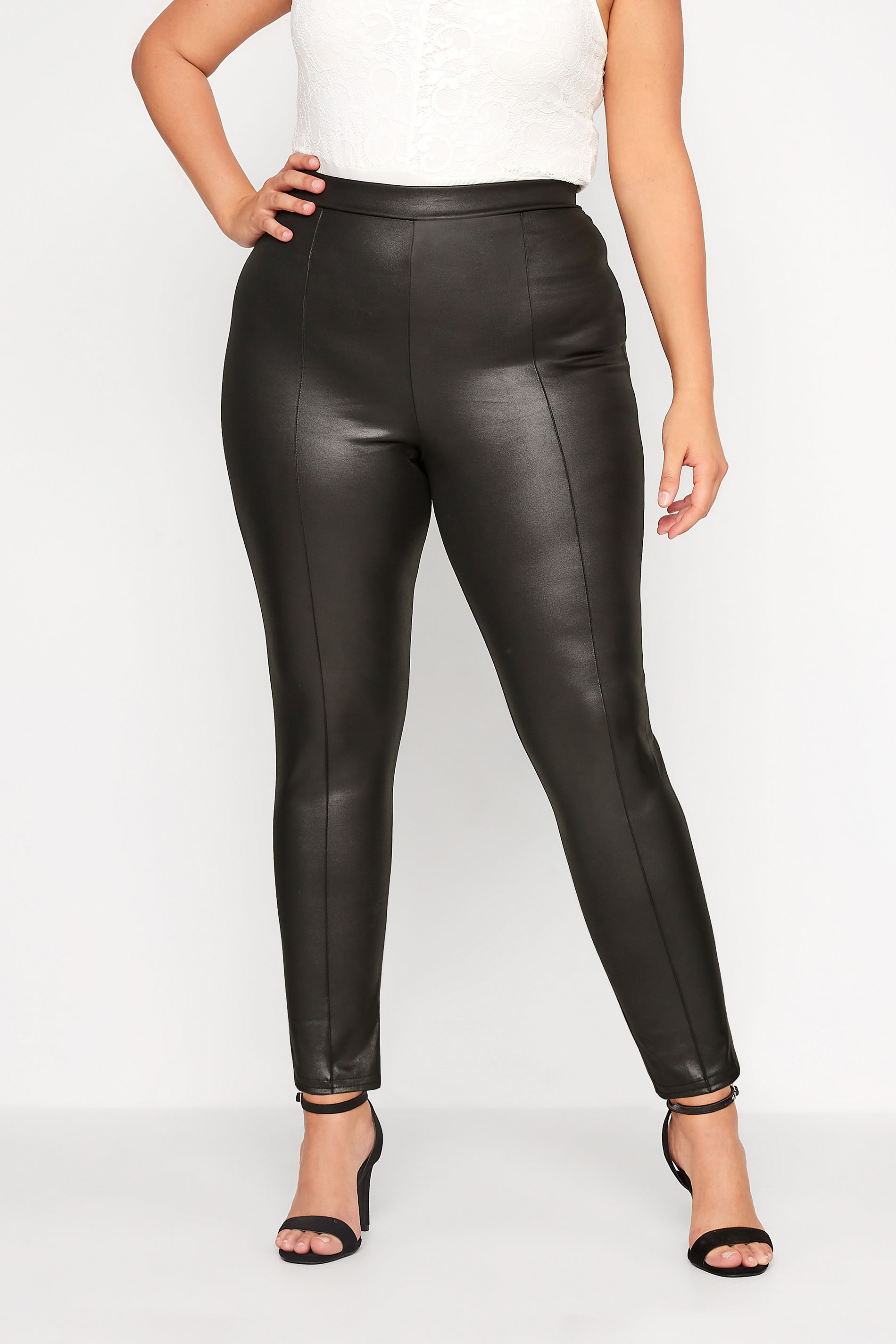 YOURS LONDON Plus Size Black Front Seam Stretch Leather Look Leggings | Yours Clothing  1