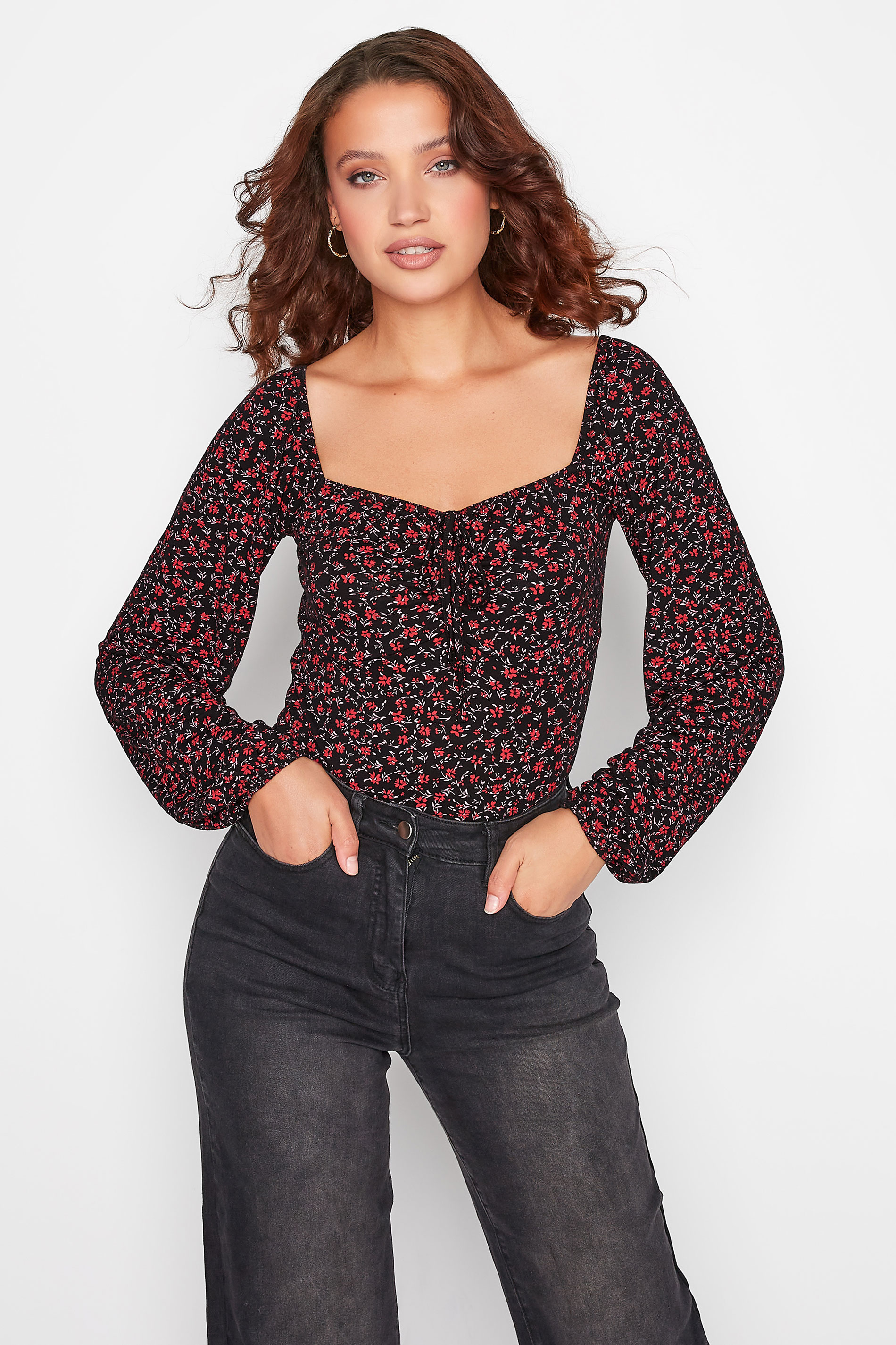 LTS Tall Black & Red Ditsy Print Tie Neck Top 1
